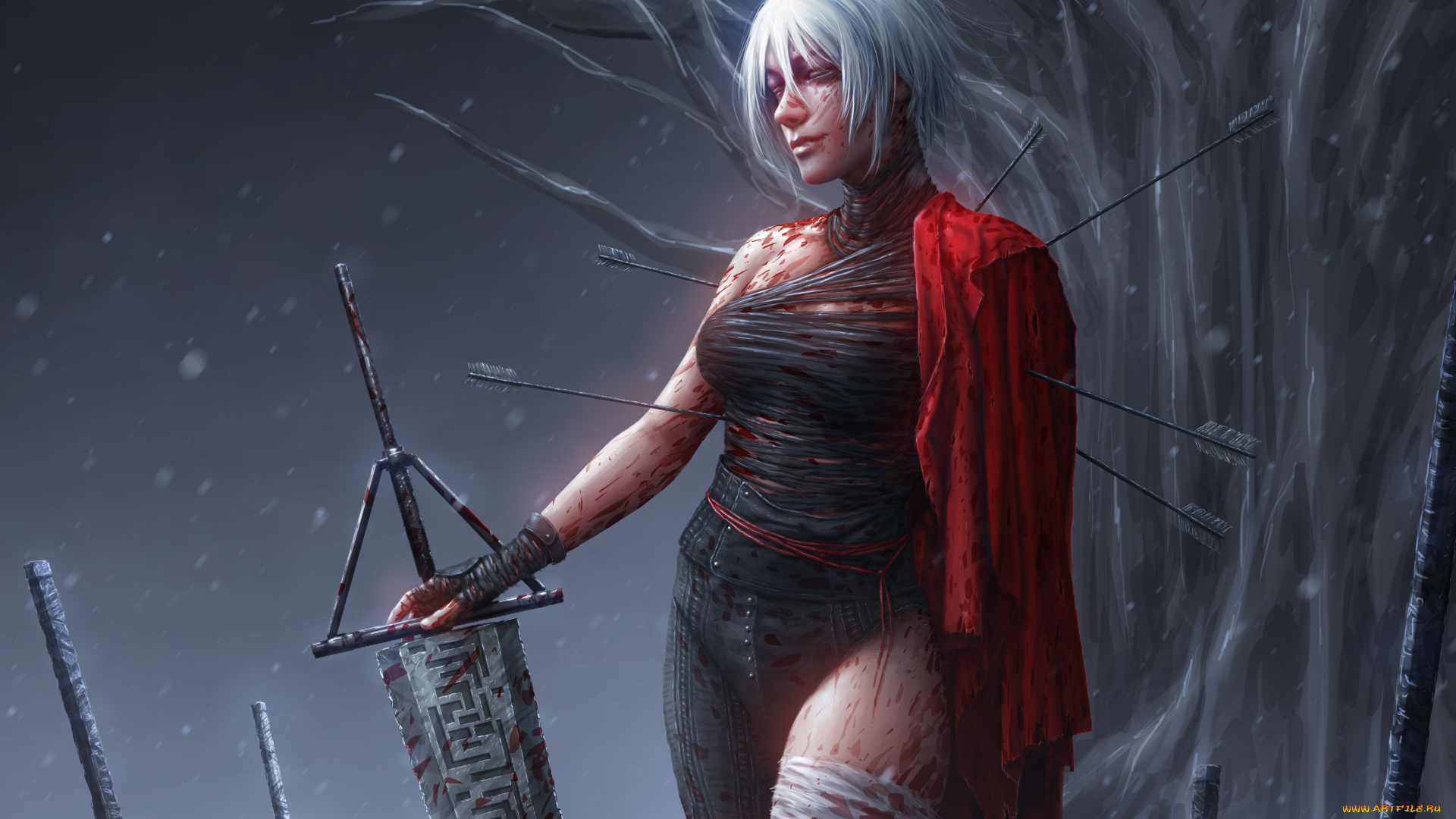 фэнтези, девушки, меч, воин, дерево, девушка, белые, волосы, фантастика, стрелы, повязка, кровь