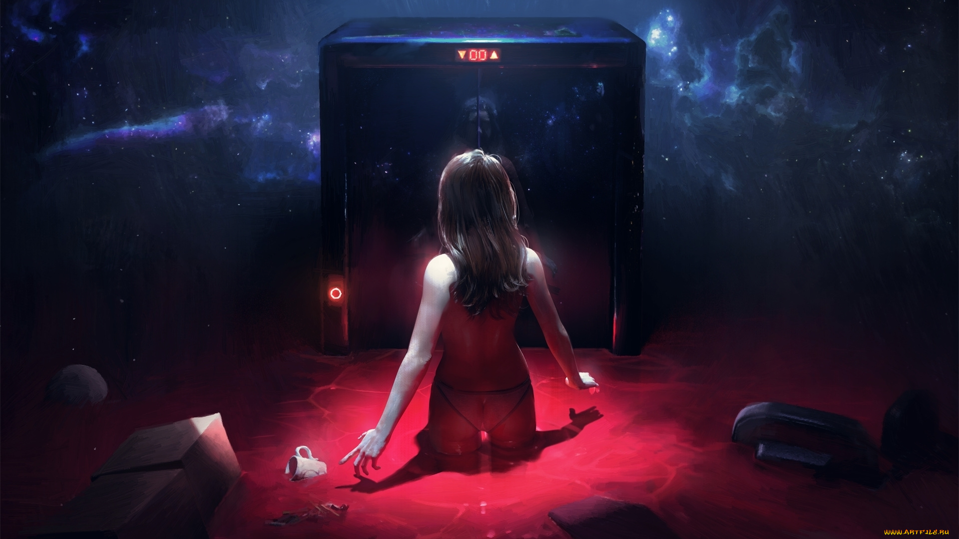 фэнтези, девушки, обнаженная, лифт, космос, by, wojtekfus, красный, кровь, голая, девушка, ужас, horror, art, арт, рисунок, sci-fi, фантастика, surreal, сюрреализм