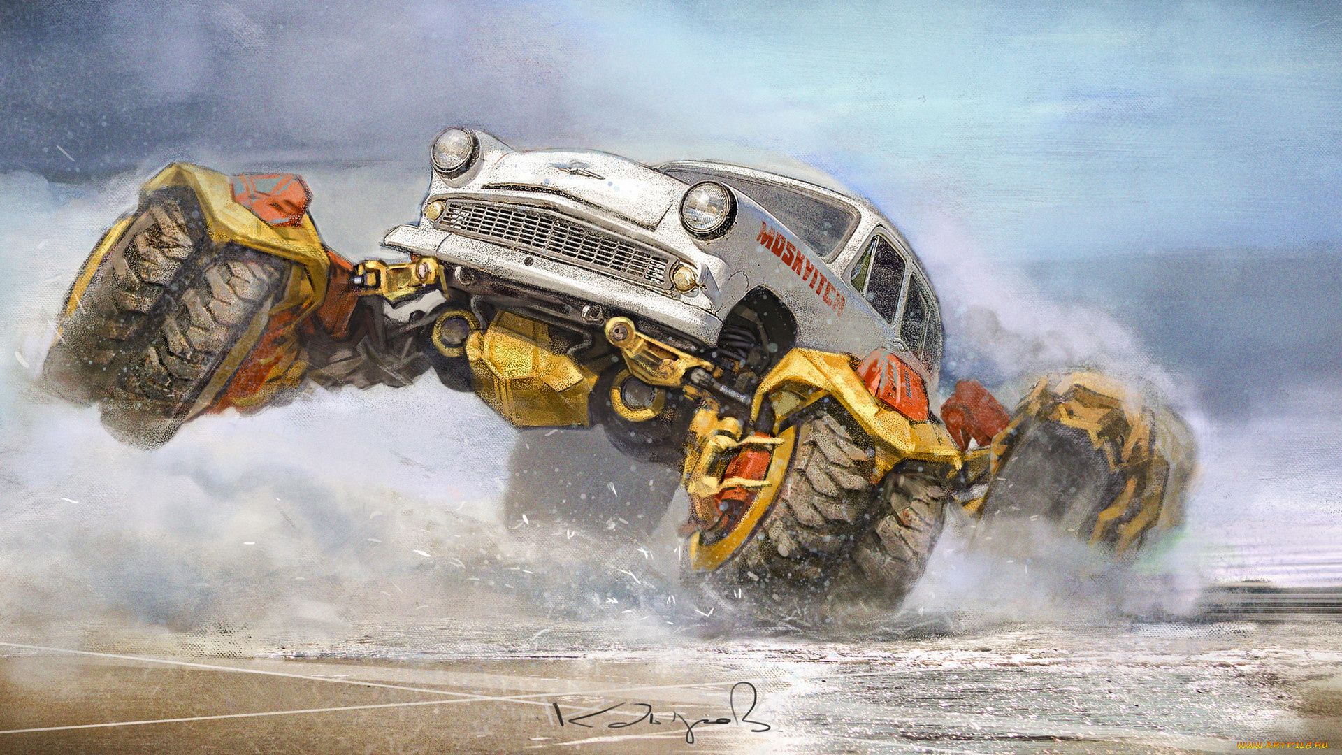 фэнтези, транспортные, средства, москвич, транспорт, арт, дым, колеса, moskvitch