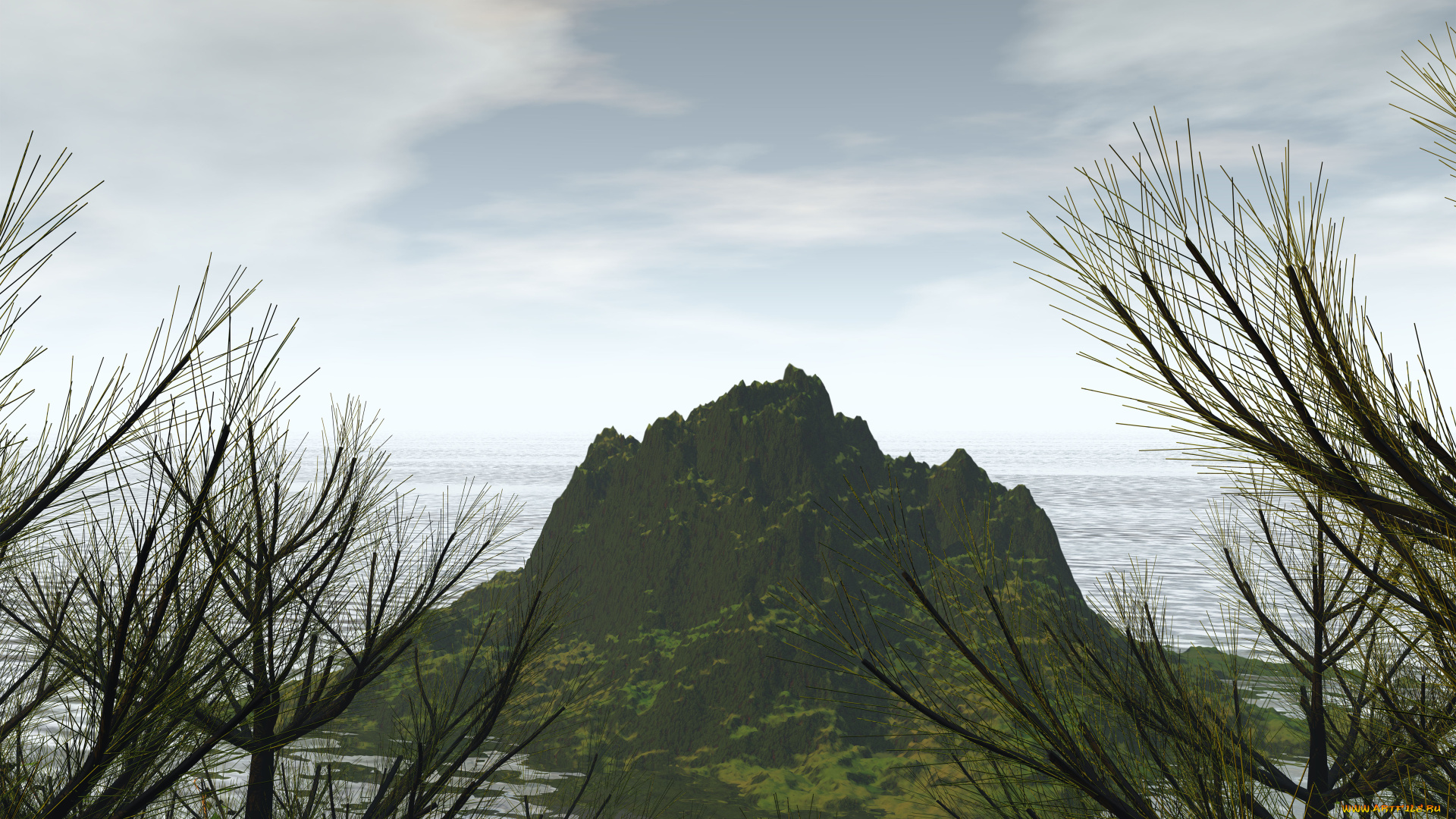 гора, в, океане, 3д, графика, природа, , nature, океан, ветки, гора