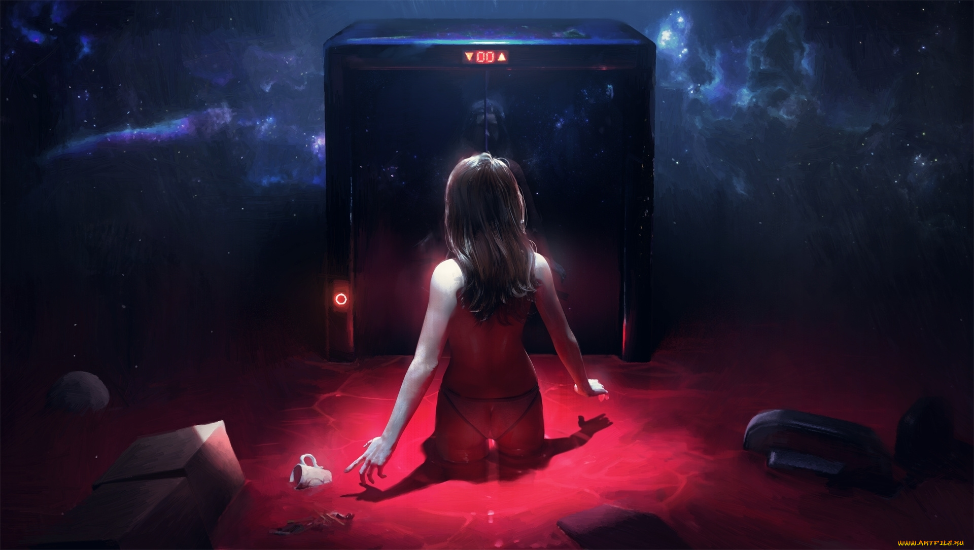 фэнтези, девушки, обнаженная, лифт, космос, by, wojtekfus, красный, кровь, голая, девушка, ужас, horror, art, арт, рисунок, sci-fi, фантастика, surreal, сюрреализм