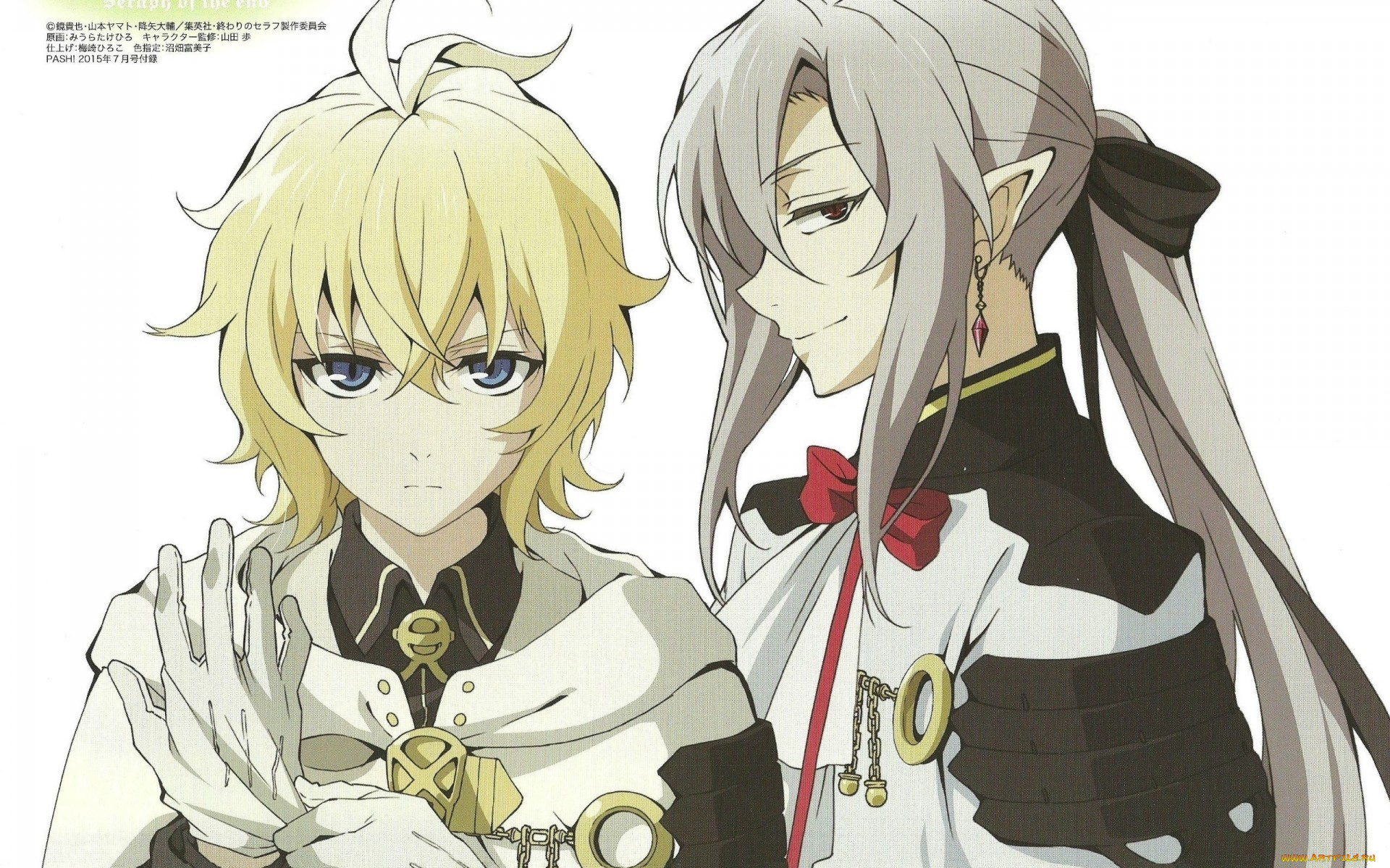 аниме, owari, no, seraph, art, последний, серафим, yamato, yamamoto, owari, no, seraph, michaela, hyakuya, военная, форма, вампир, felid, bathory, взгляд, бант, плащ, перчатки