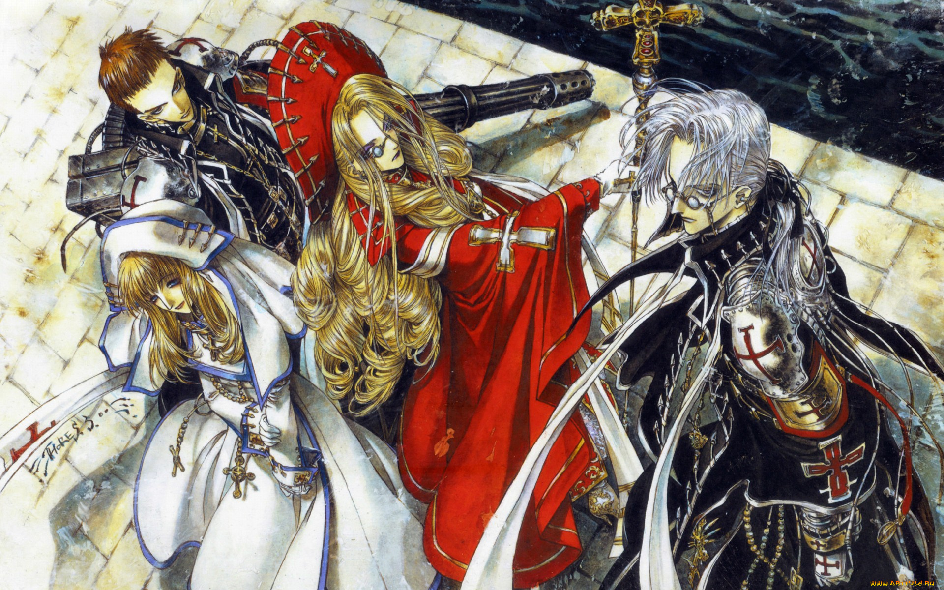 аниме, trinity, blood, доспехи, кровь, триединства, trinity, blood, fabrica, theologiae, tres, iqus, abel, nightroad, вампиры, esther, blanchett, art, shibamoto, theres, оружие