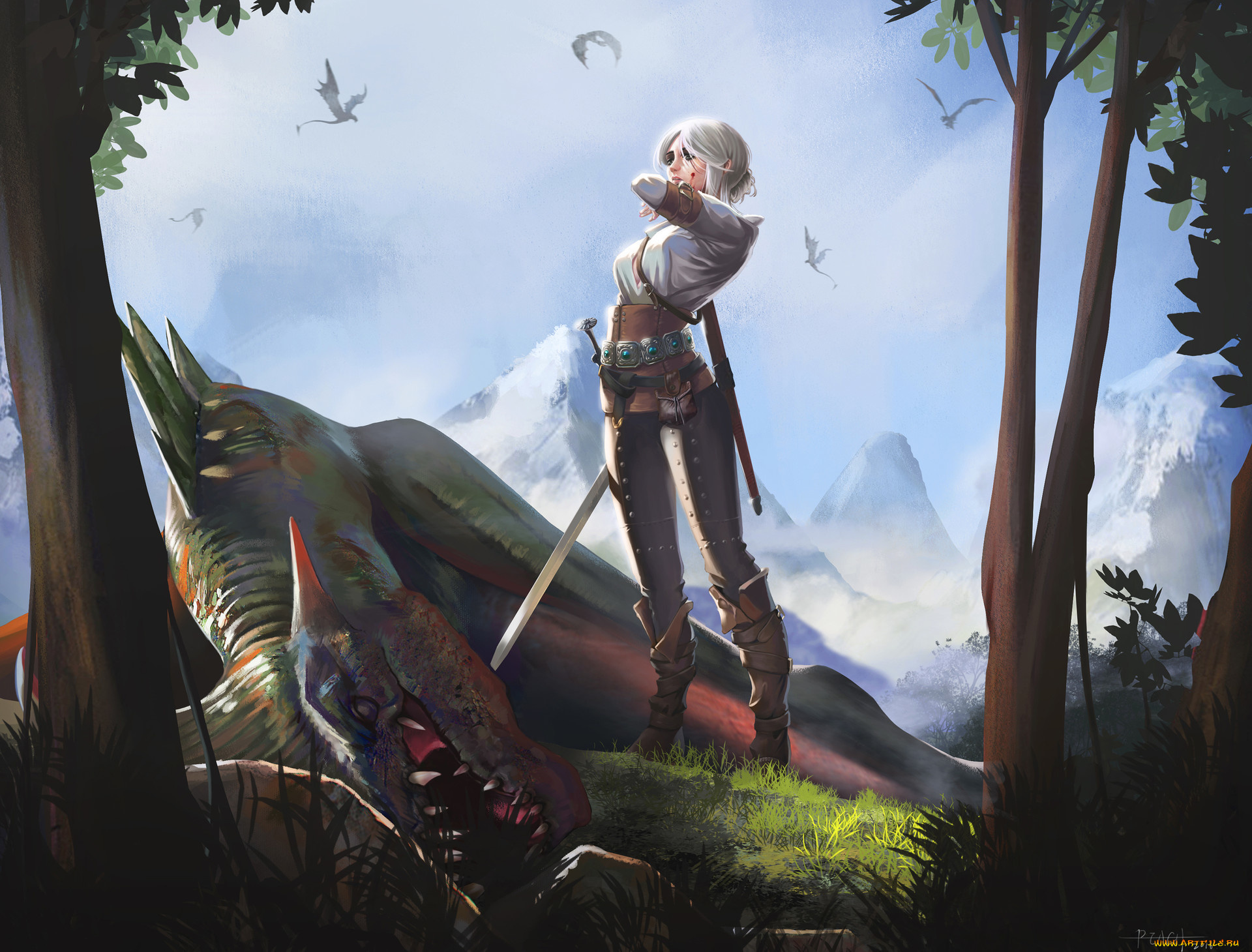 видео, игры, the, witcher, меч, the, witcher, девушка, арт, цирилла, цири
