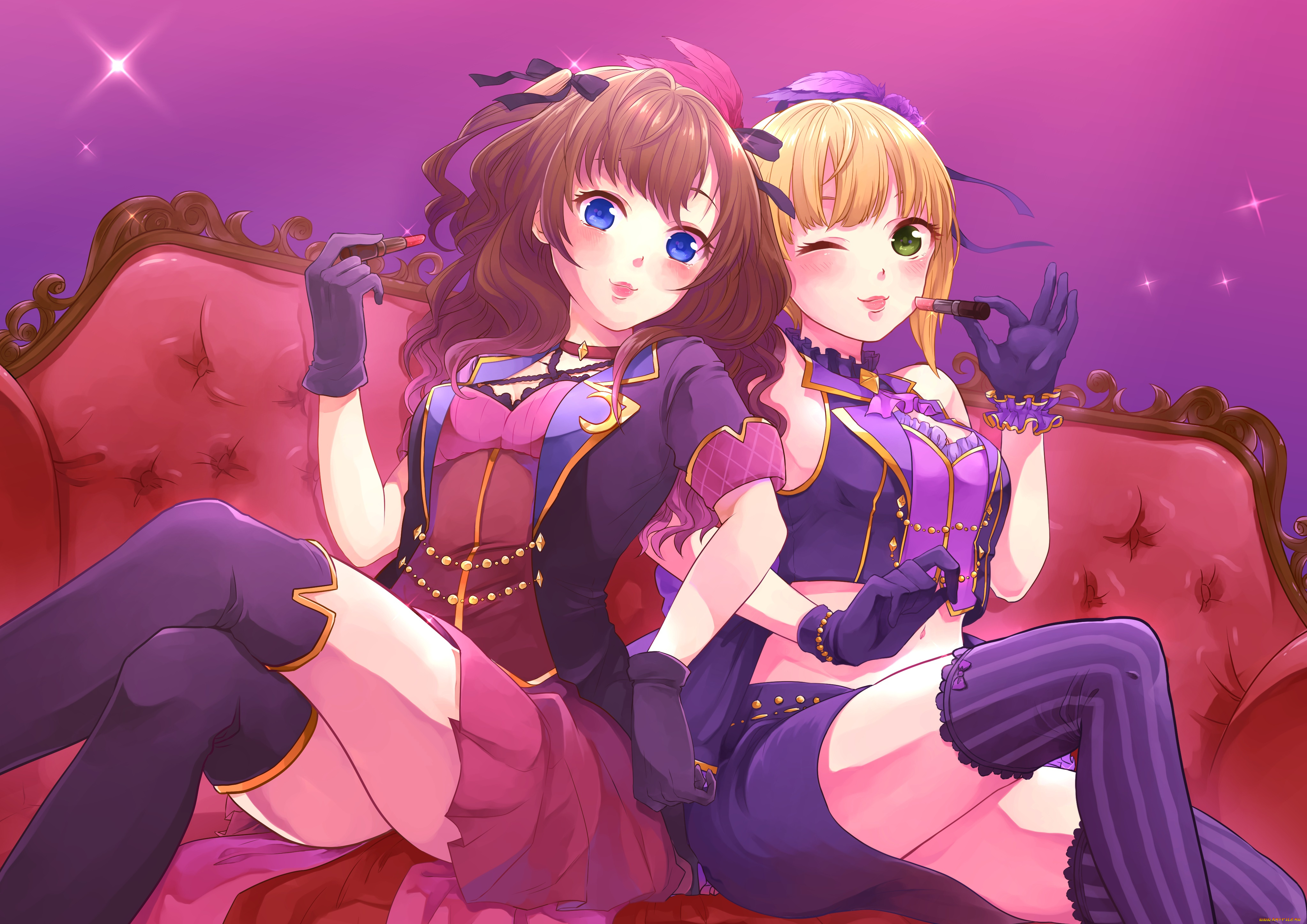 аниме, idolm@ster, диван, девушки, фон, взгляд, помада