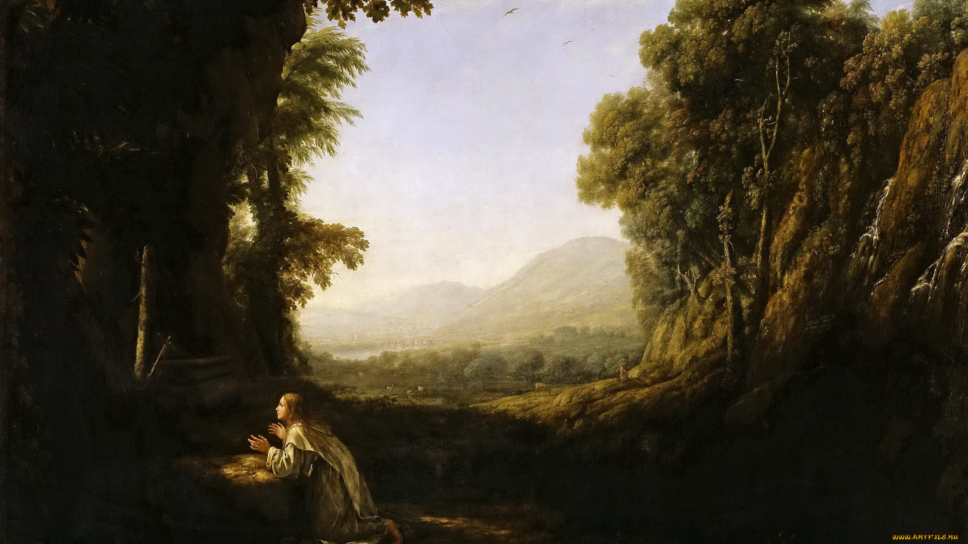 рисованное, живопись, клод, лоррен, картина, пейзаж, с, монахом, ордена, мерсидариев