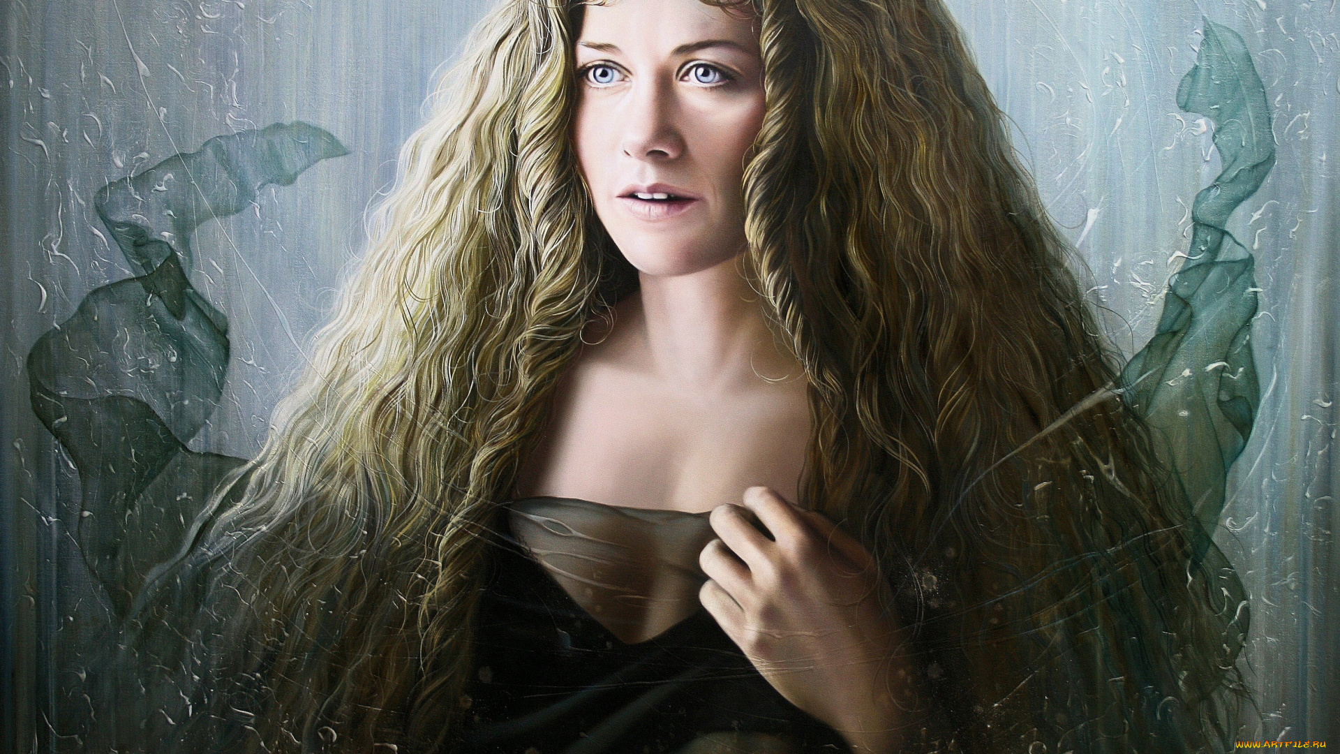 рисованное, живопись, волосы, взгляд, фон, девушка