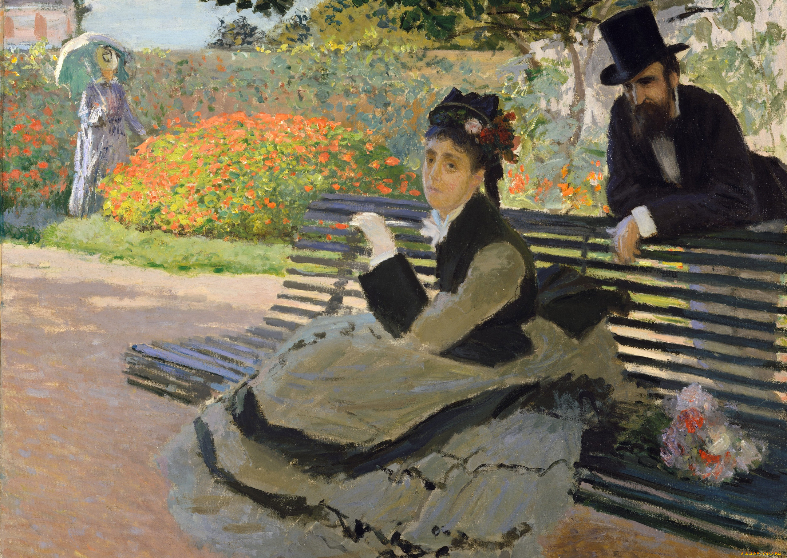 рисованное, живопись, жанровая, картина, камилла, моне, на, садовой, скамейке, клод