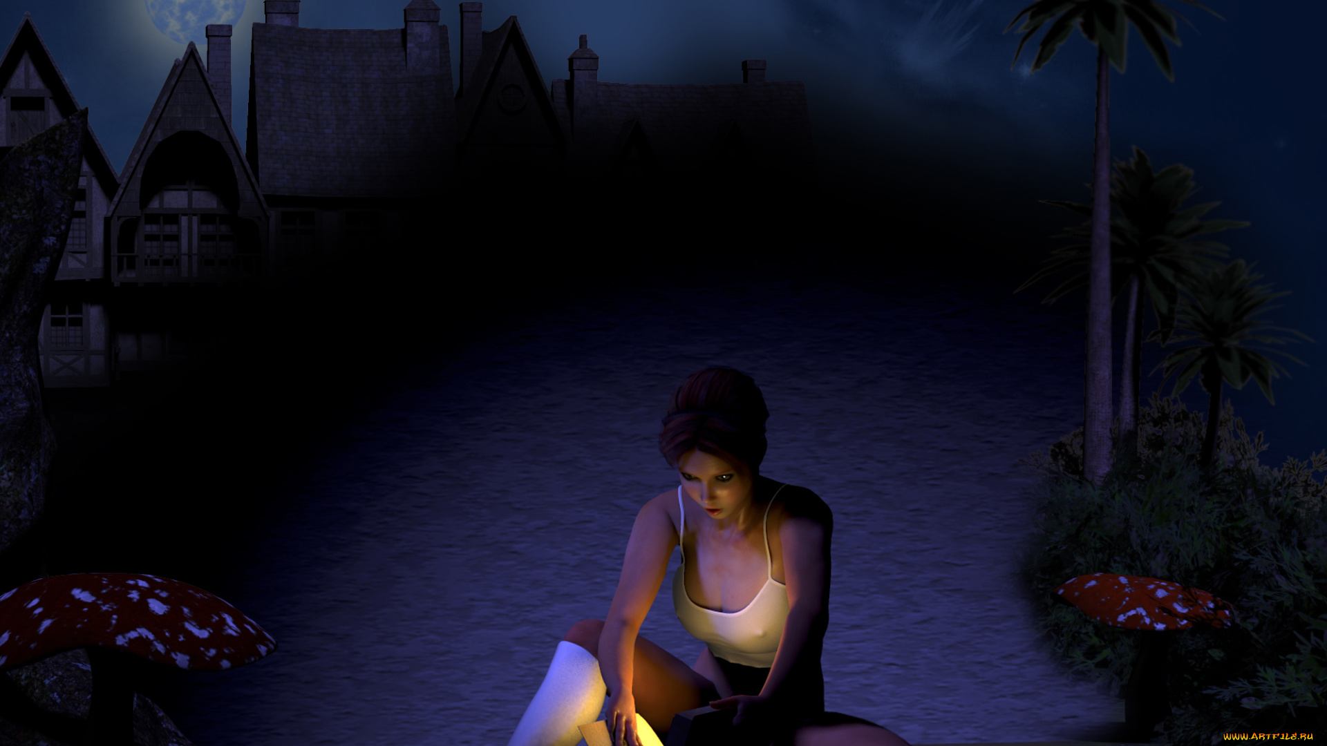 3д, графика, фантазия, , fantasy, гриб, книга, фон, девушка