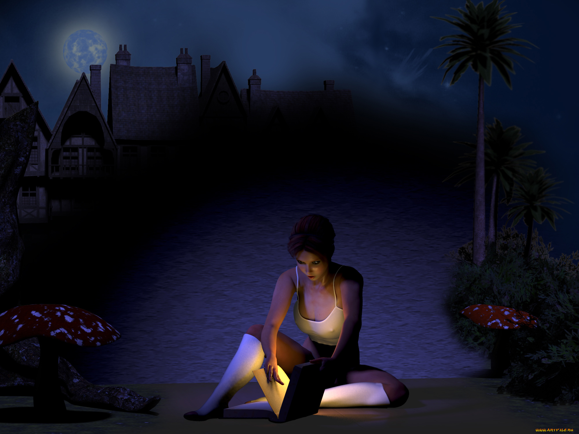 3д, графика, фантазия, , fantasy, гриб, книга, фон, девушка