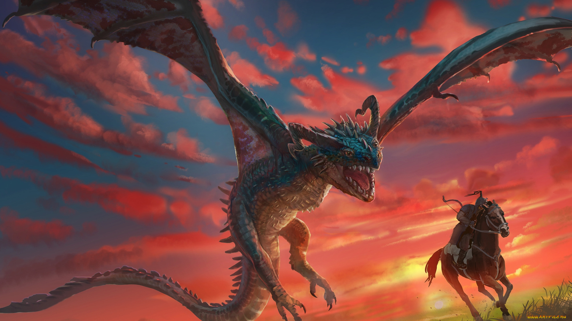 фэнтези, драконы, красный, чудовище, небо, летит, крылья, монстр, меч, пыхтит, сражение, зубы, битва, пасть, пламя, дракон