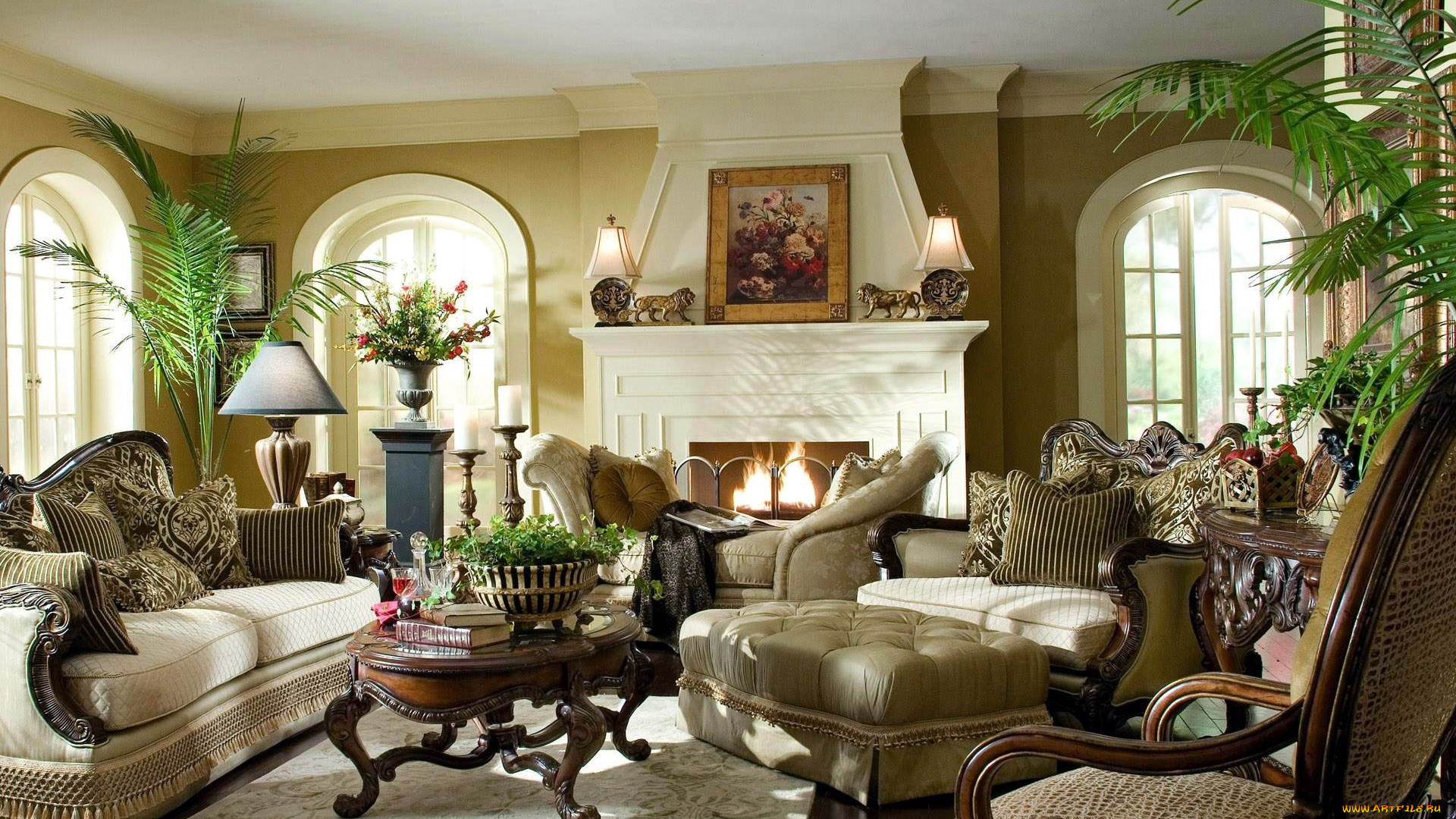 интерьер, гостиная, диван, кресла, картина, камин