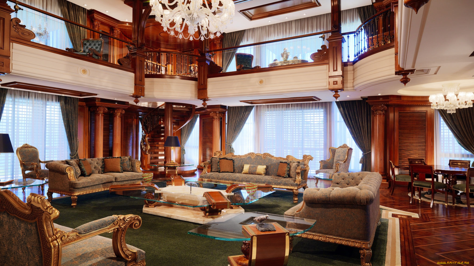 интерьер, гостиная, диваны, кресла, столик, люстра