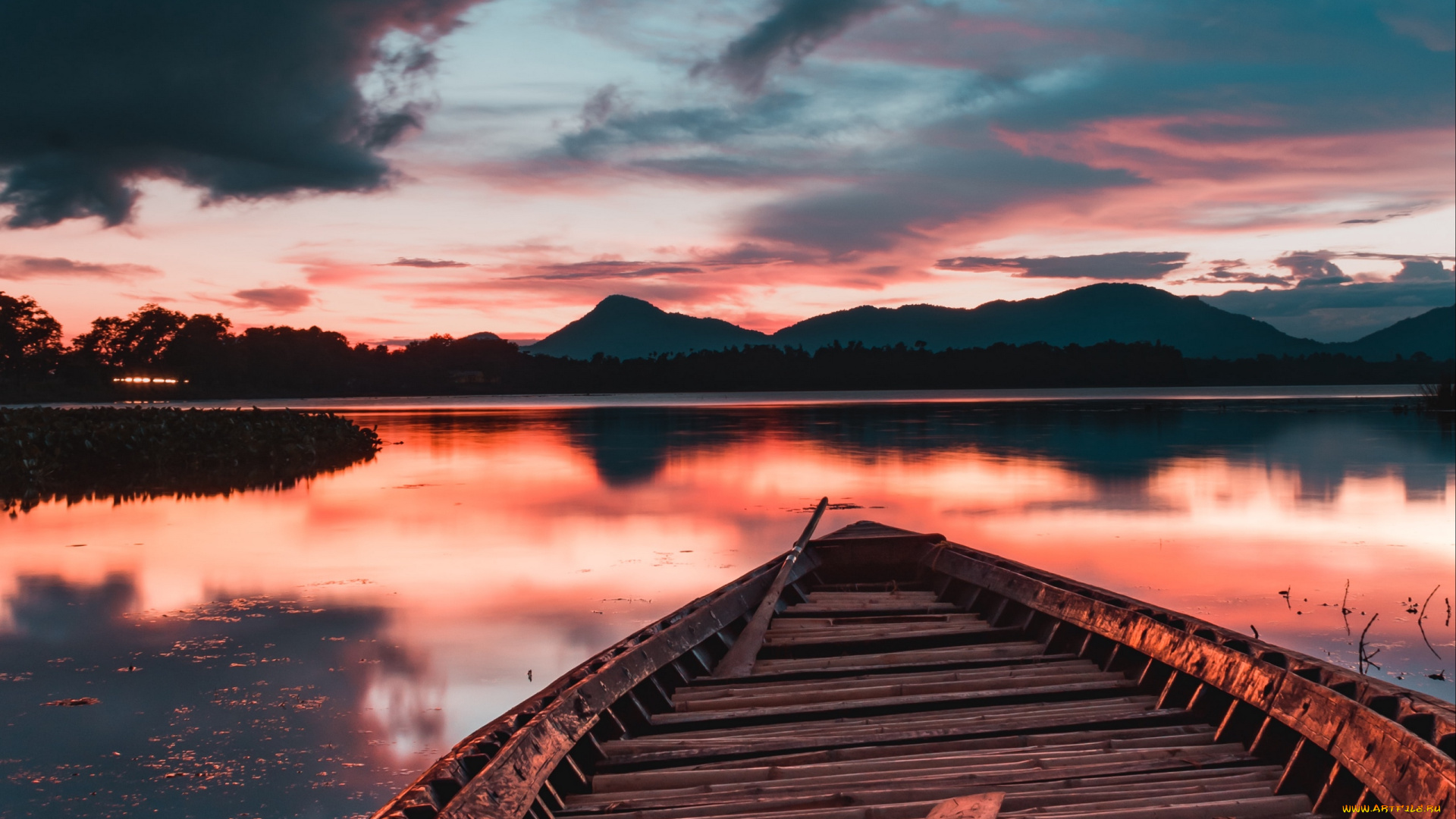 корабли, лодки, , шлюпки, горы, озеро, закат, лодка