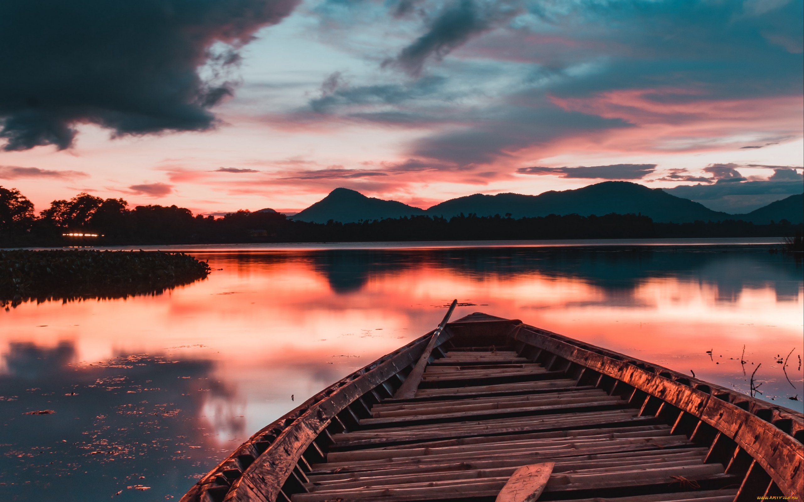 корабли, лодки, , шлюпки, горы, озеро, закат, лодка