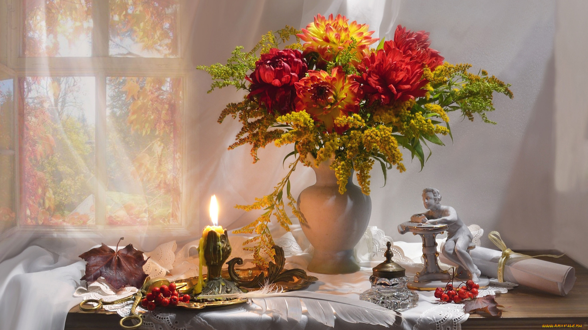 цветы, букеты, , композиции, свеча, перо, свиток, статуэтка, букет, георгины