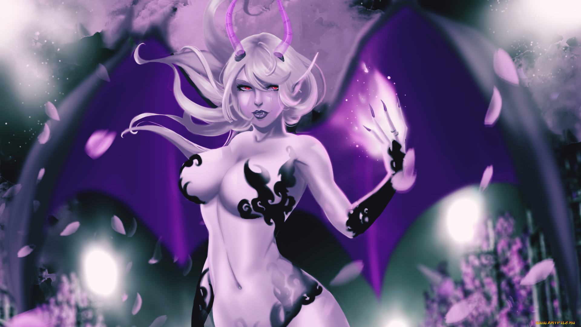 фэнтези, существа, девушка, фон, взгляд, рога, магия