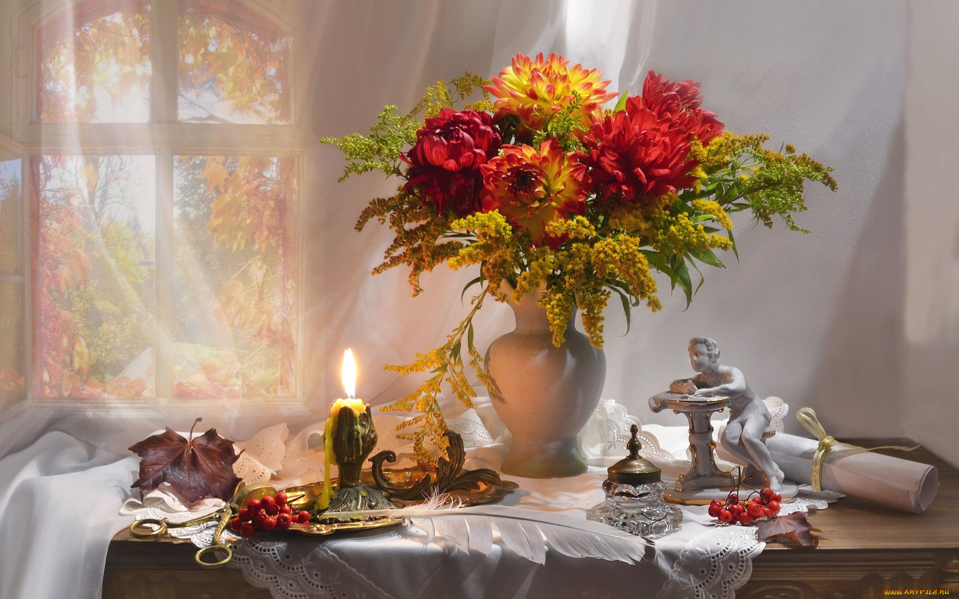 цветы, букеты, , композиции, свеча, перо, свиток, статуэтка, букет, георгины
