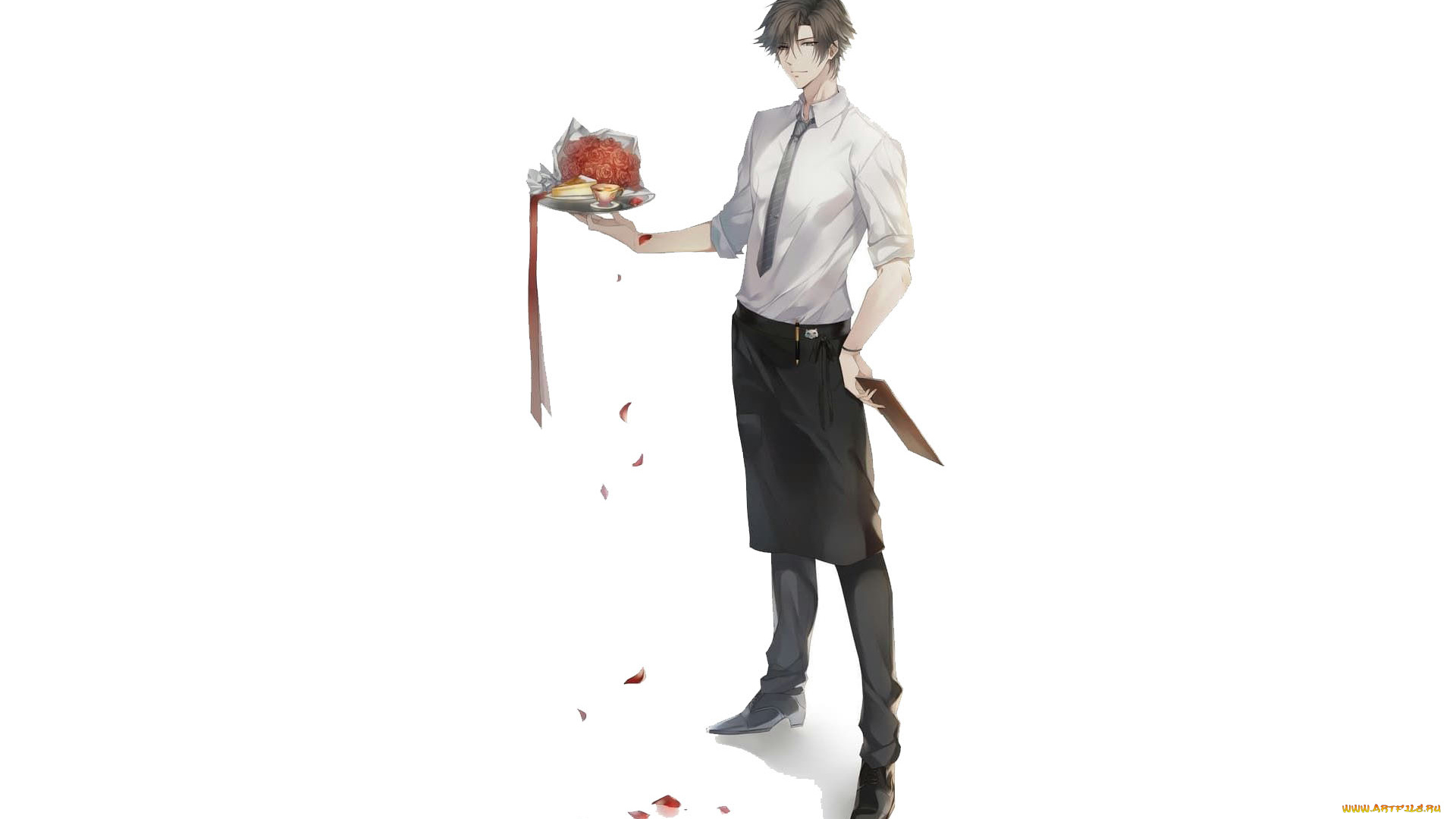 аниме, unknown, , другое, , парень, фартук, поднос, букет