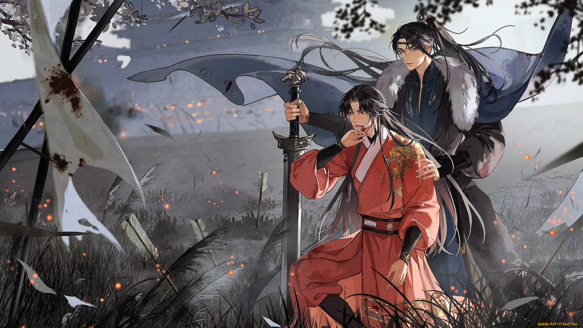 аниме, unknown, , другое, , воины, меч, трава, искры, город