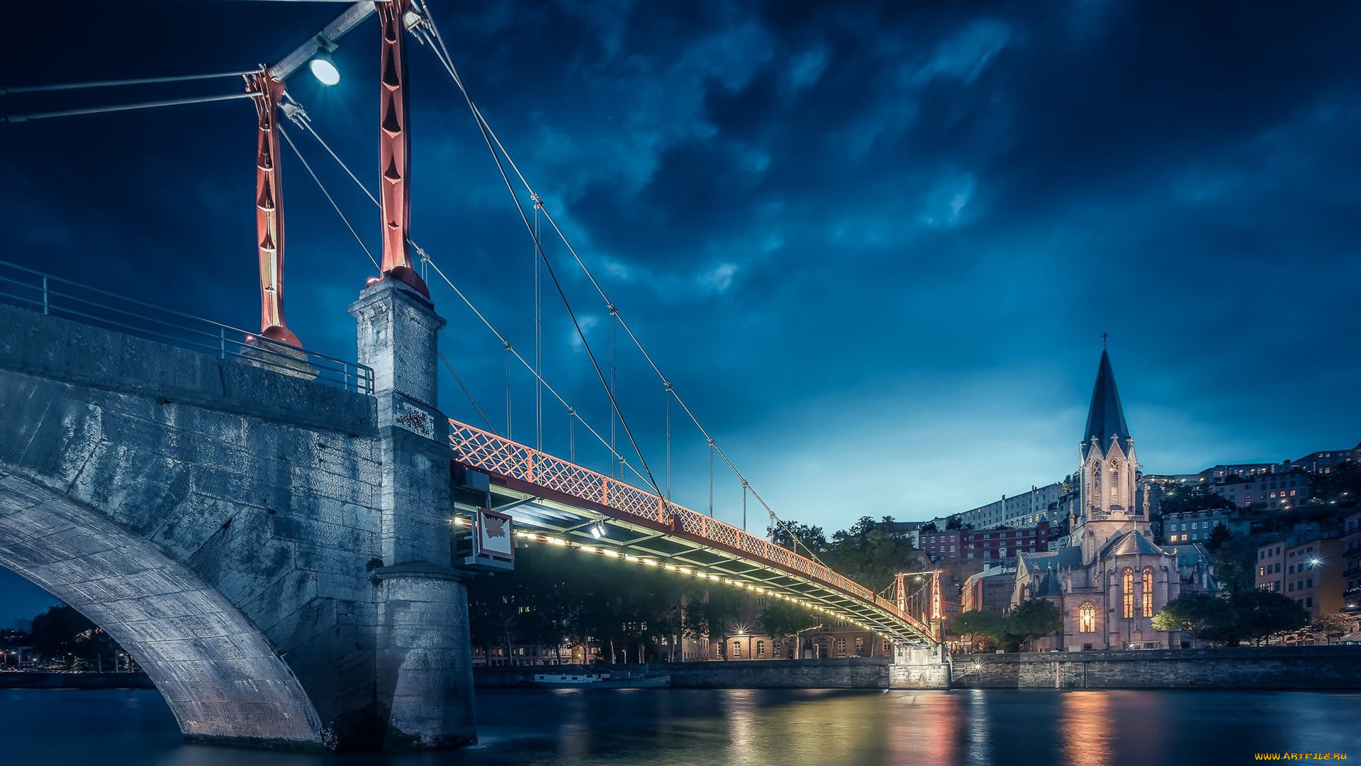 города, лион, , франция, пешеходный, мост, дворец, правосудия, лион