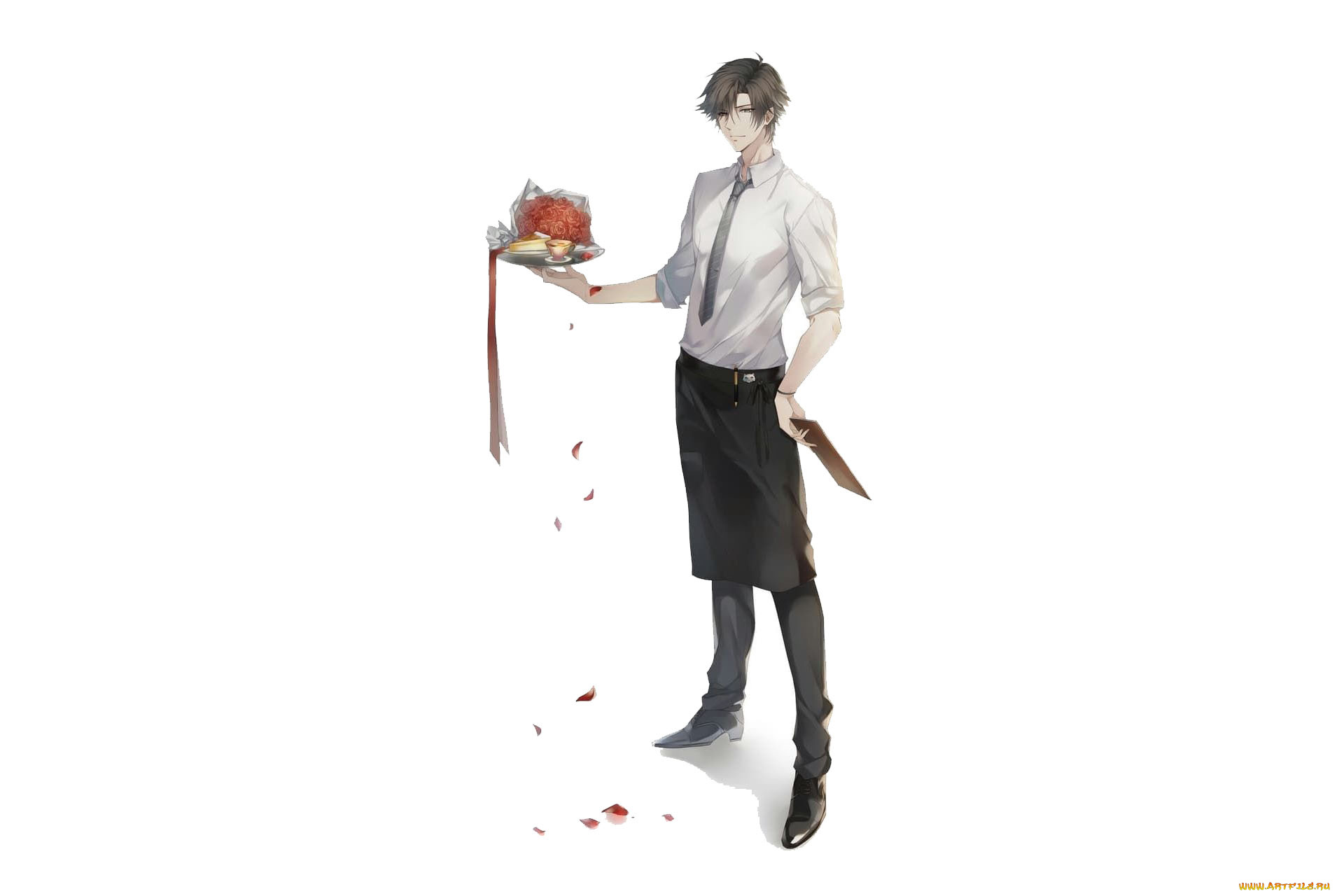 аниме, unknown, , другое, , парень, фартук, поднос, букет