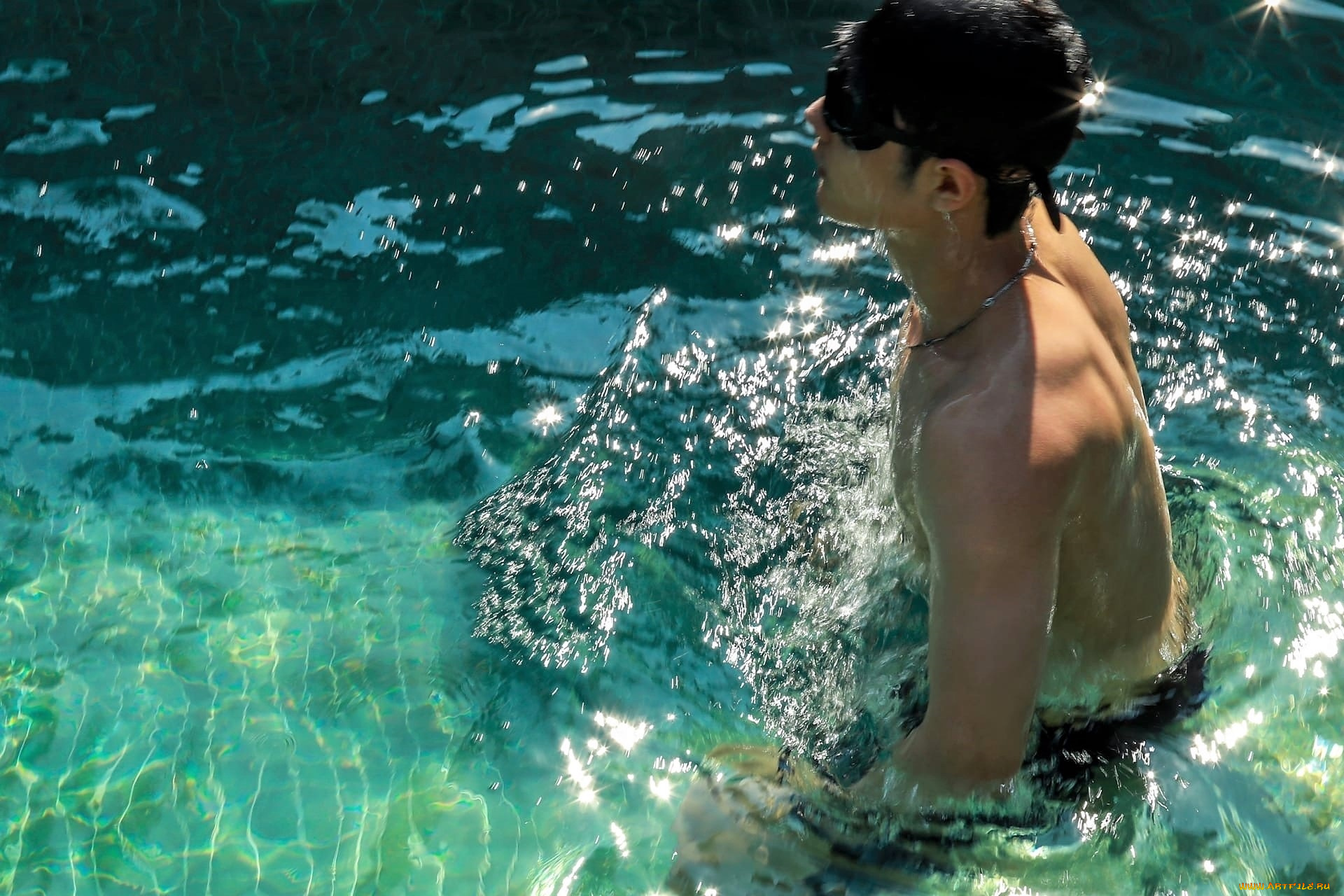 мужчины, xiao, zhan, актер, бассейн, очки