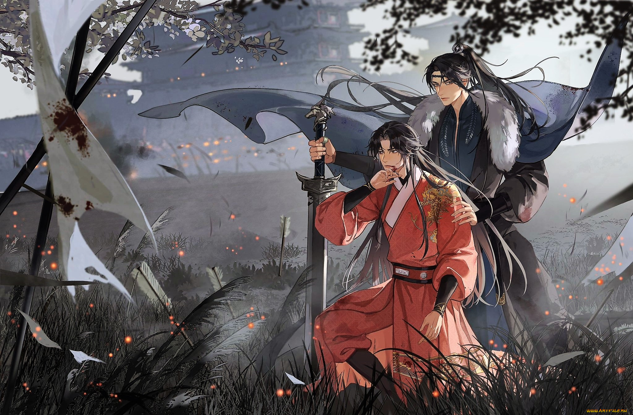 аниме, unknown, , другое, , воины, меч, трава, искры, город