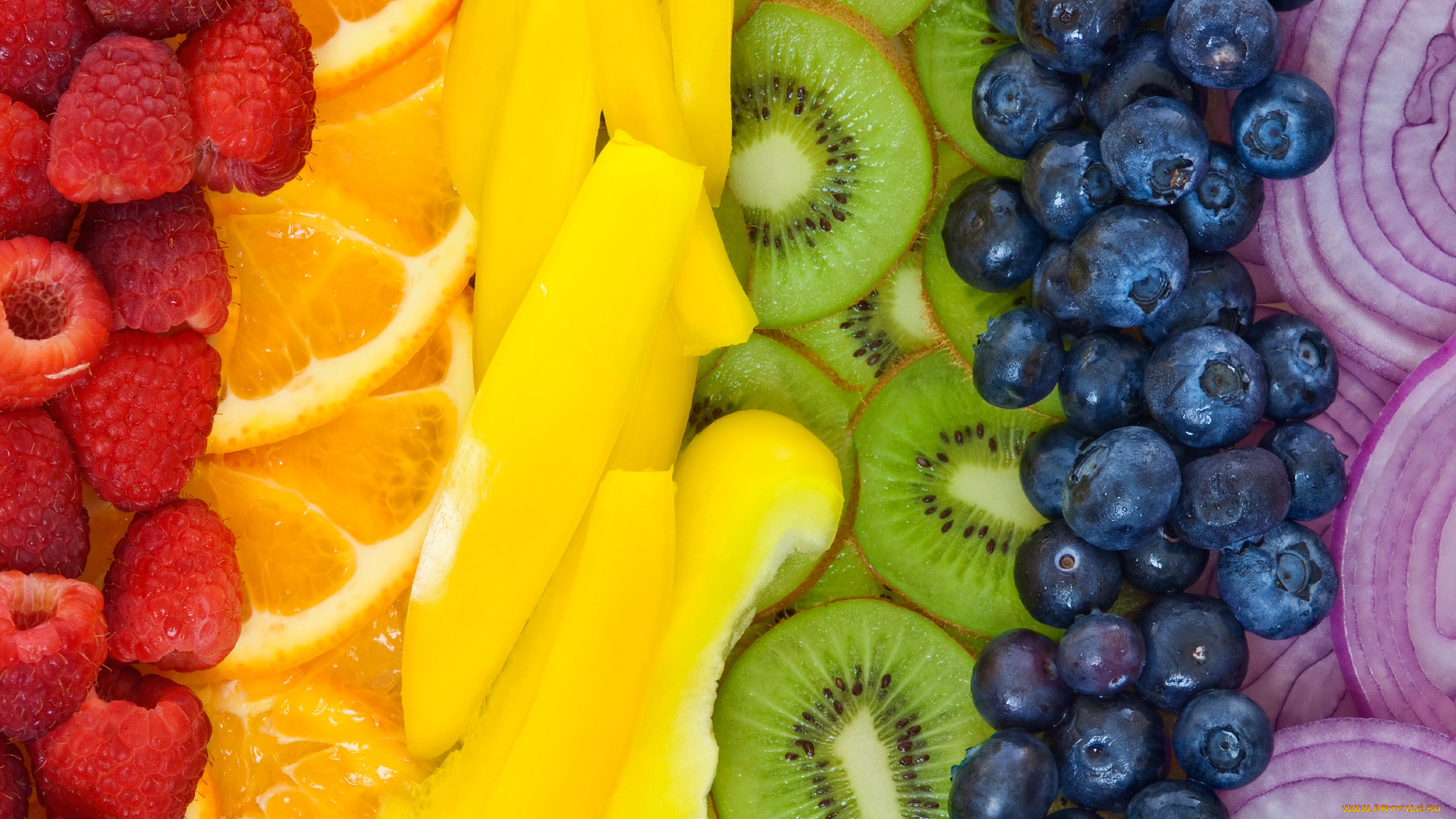 еда, фрукты, и, овощи, вместе, малина, черника, киви, апельсин, перец, лук