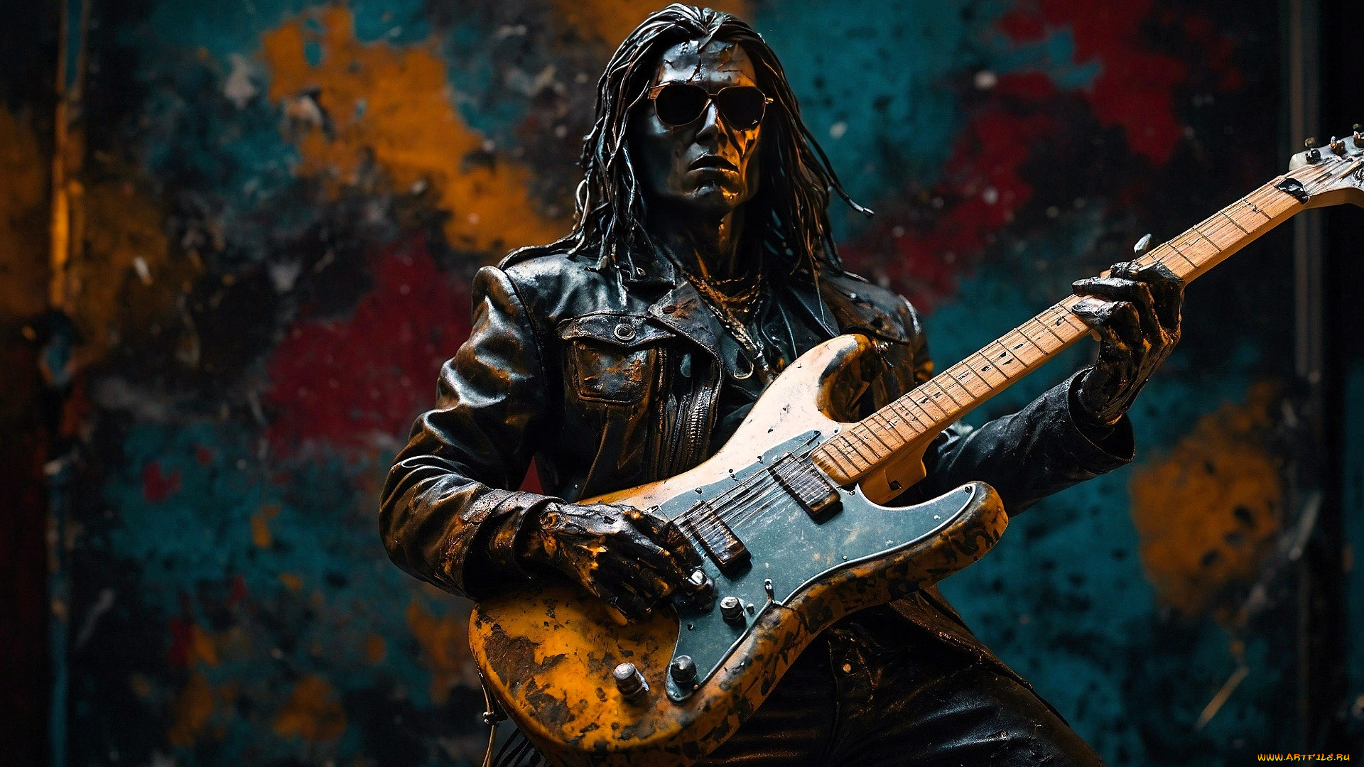 3д, графика, люди, , people, статуя, рокер, гитарист, гитара, очки, куртка