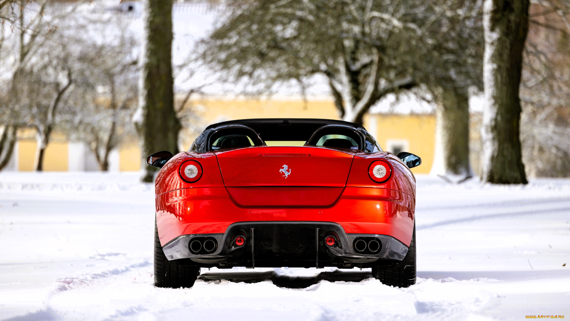 автомобили, ferrari, красный, снег, зима