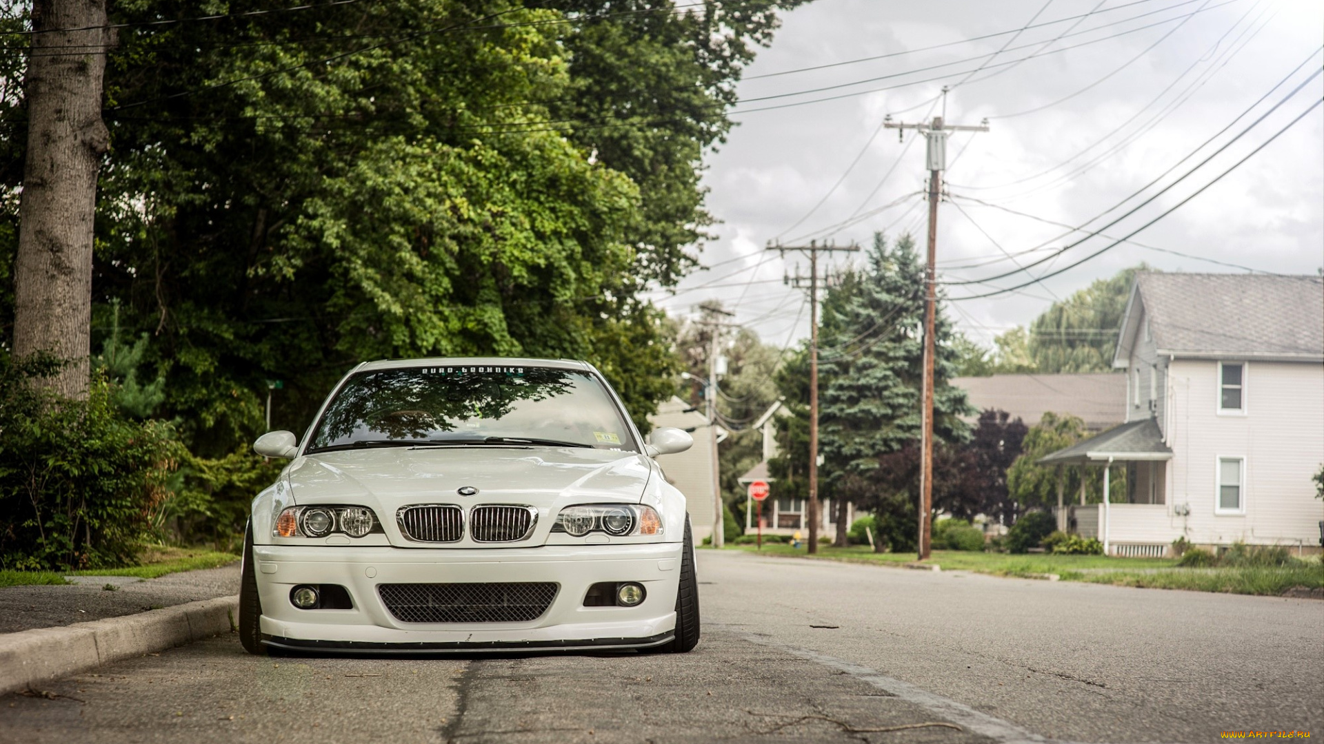 bmw, e46, автомобили, bmw, белый, дорога, деревья, дома