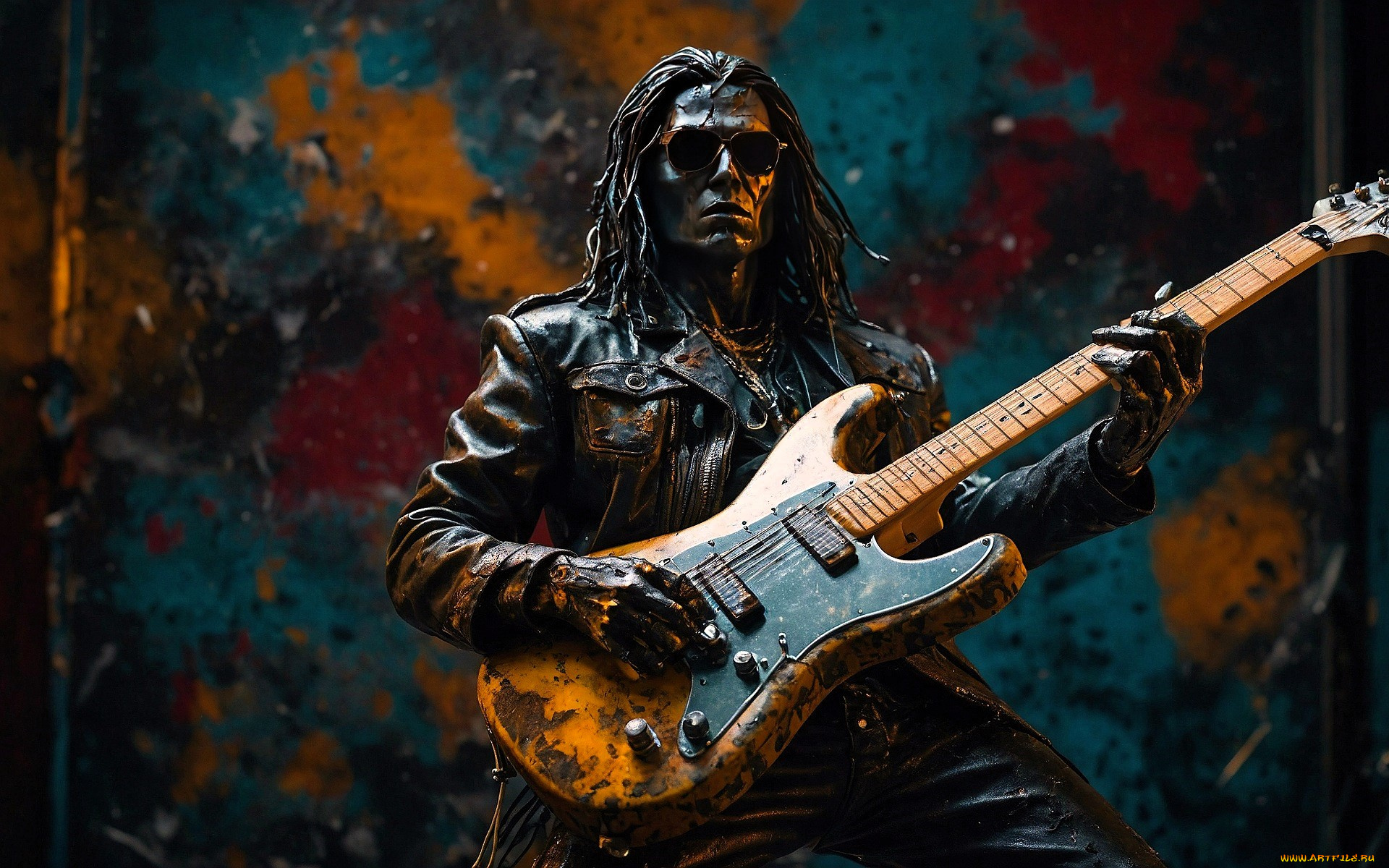 3д, графика, люди, , people, статуя, рокер, гитарист, гитара, очки, куртка