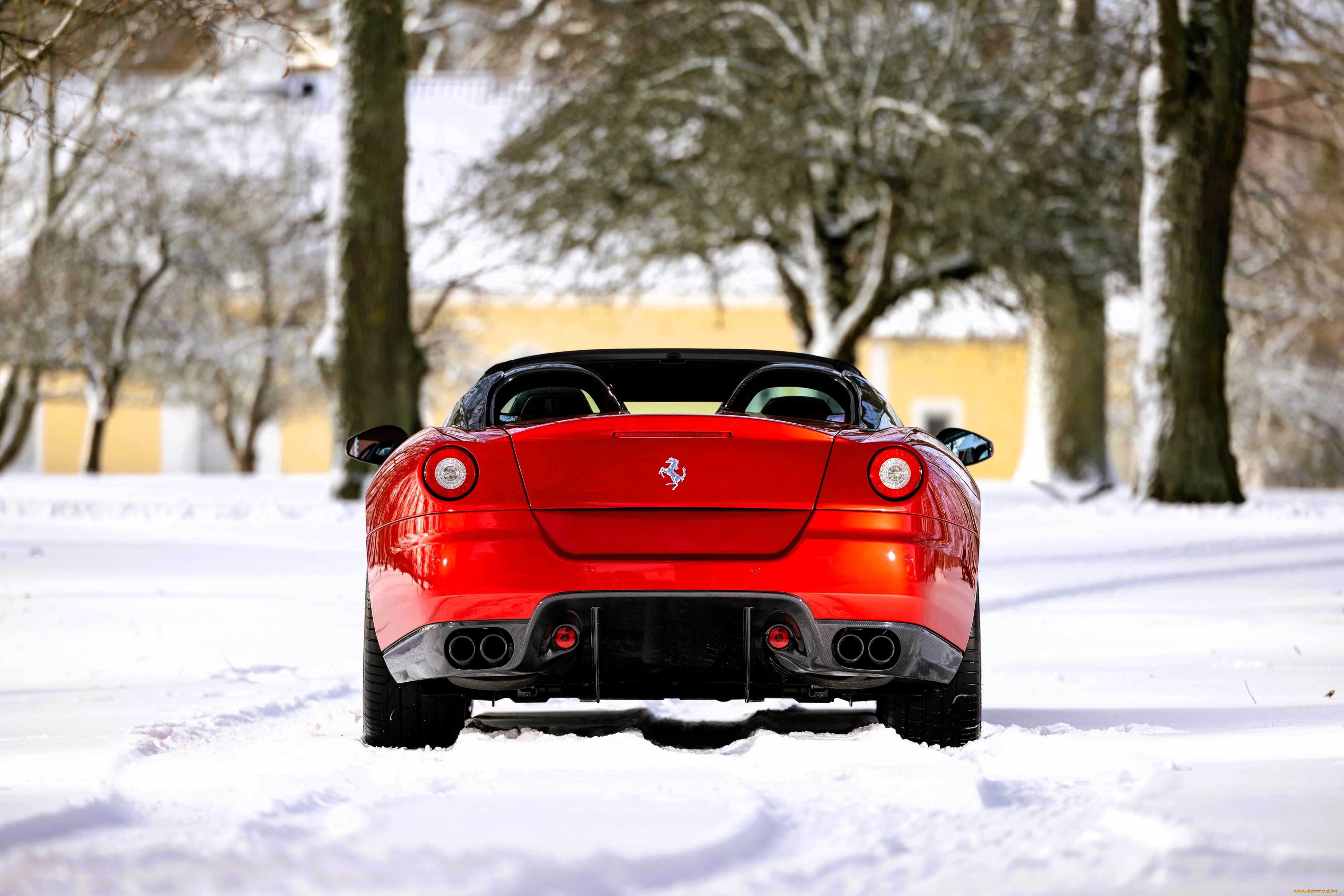 автомобили, ferrari, красный, снег, зима