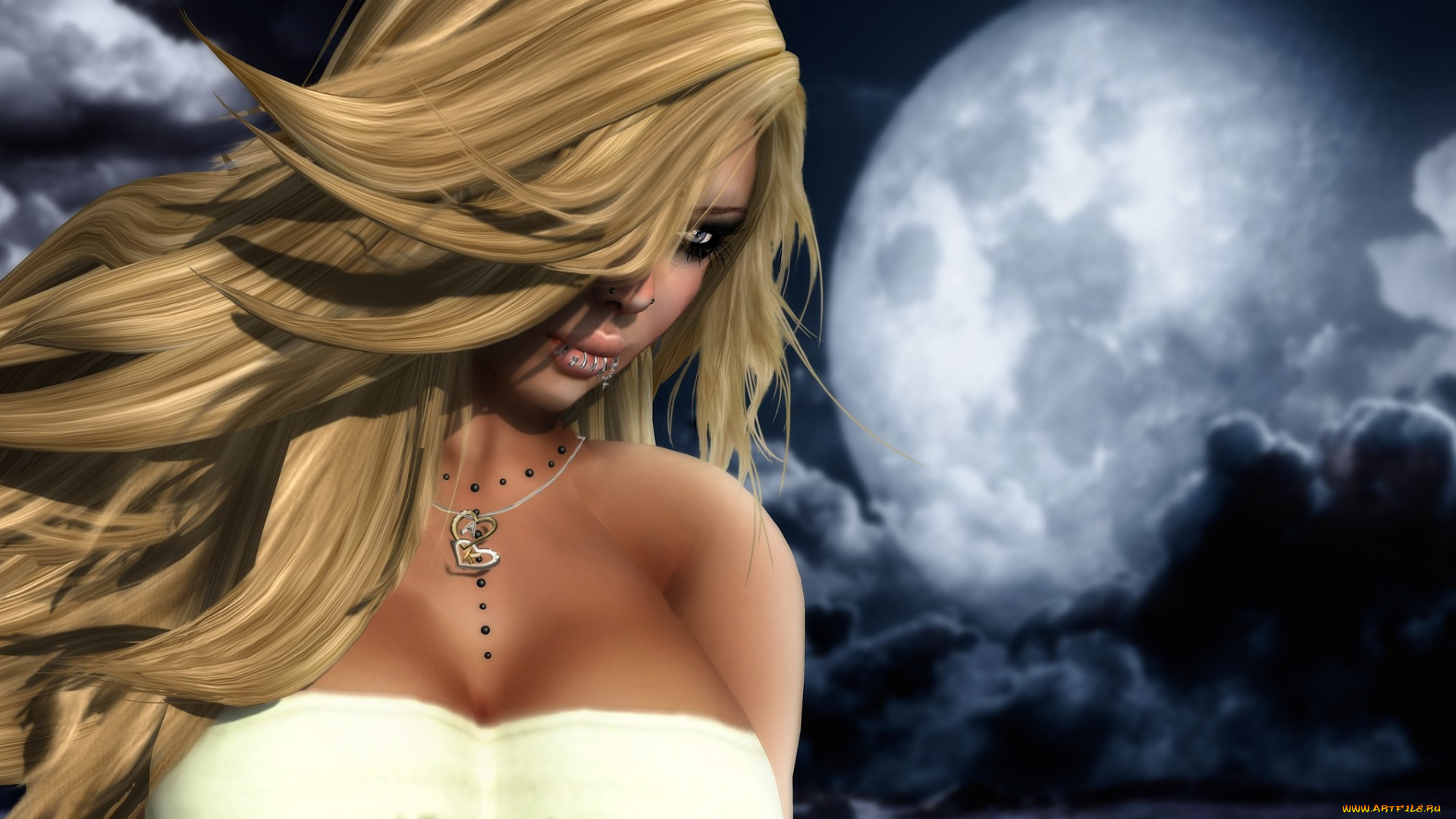 3д, графика, portraits, портрет, волосы, блондинка, пирсинг, луна