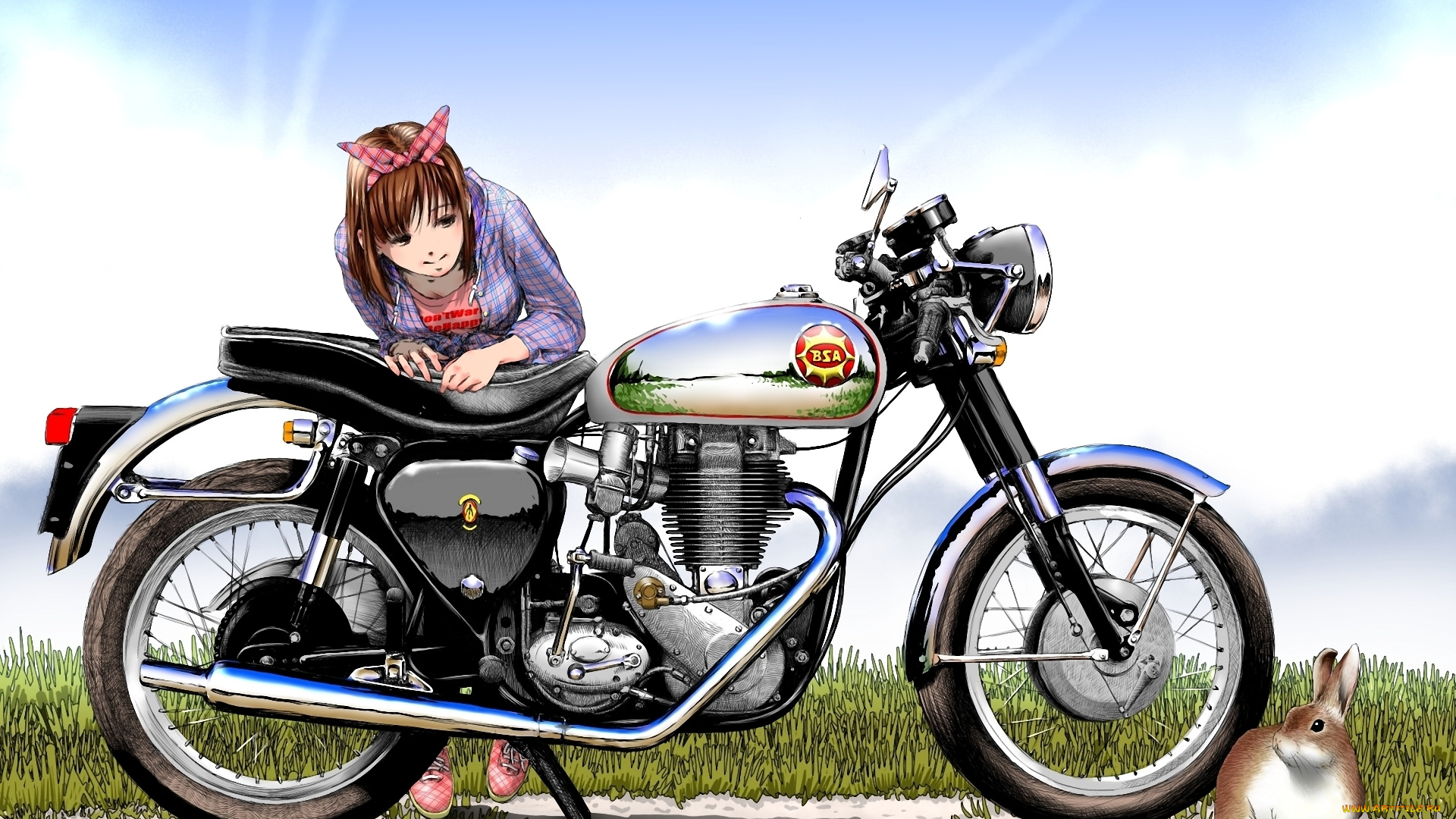 аниме, weapon, blood, technology, девушка, мотоцикл, заяц