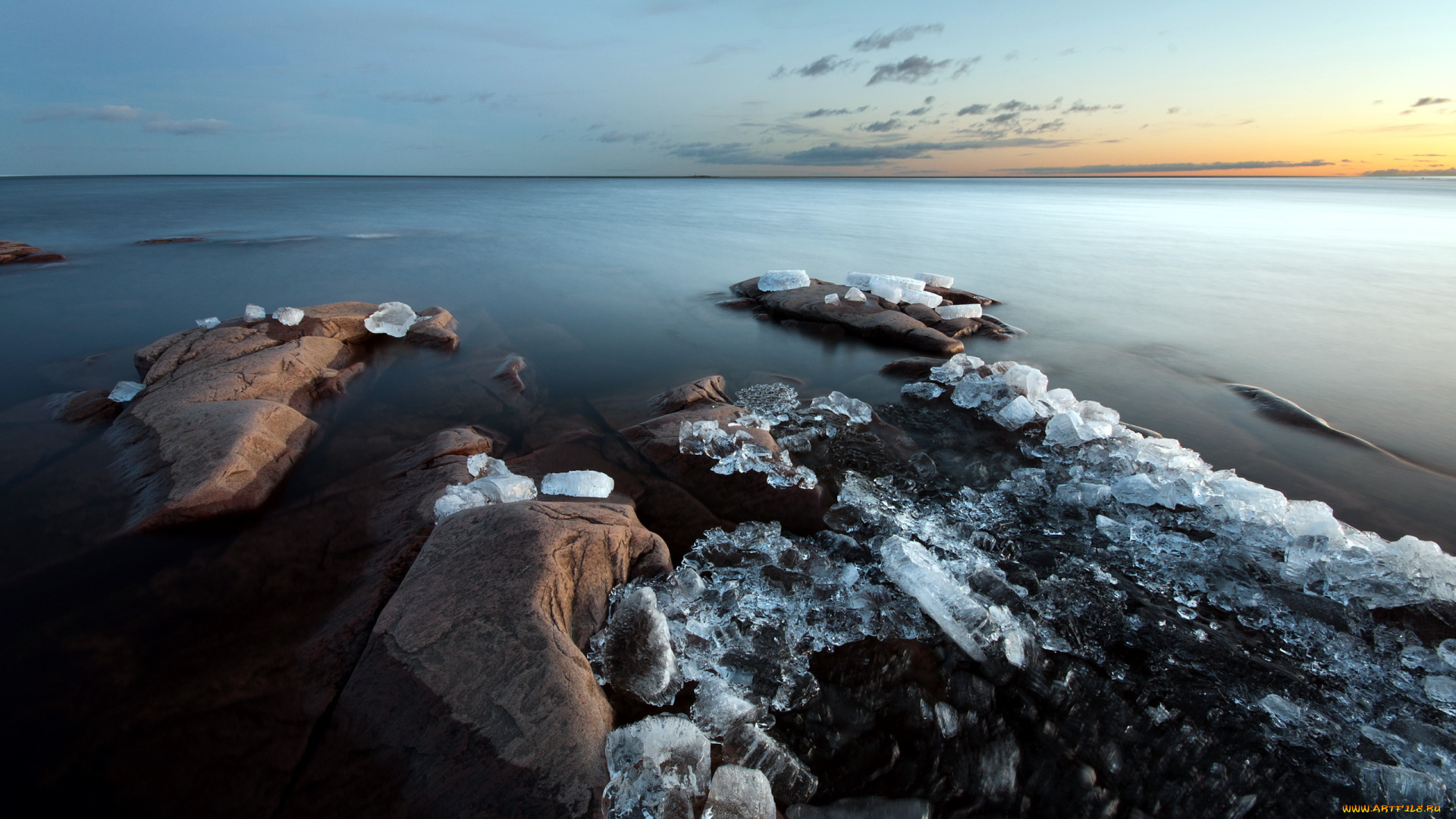 природа, побережье, море, камни, лёд, льдины, горизонт