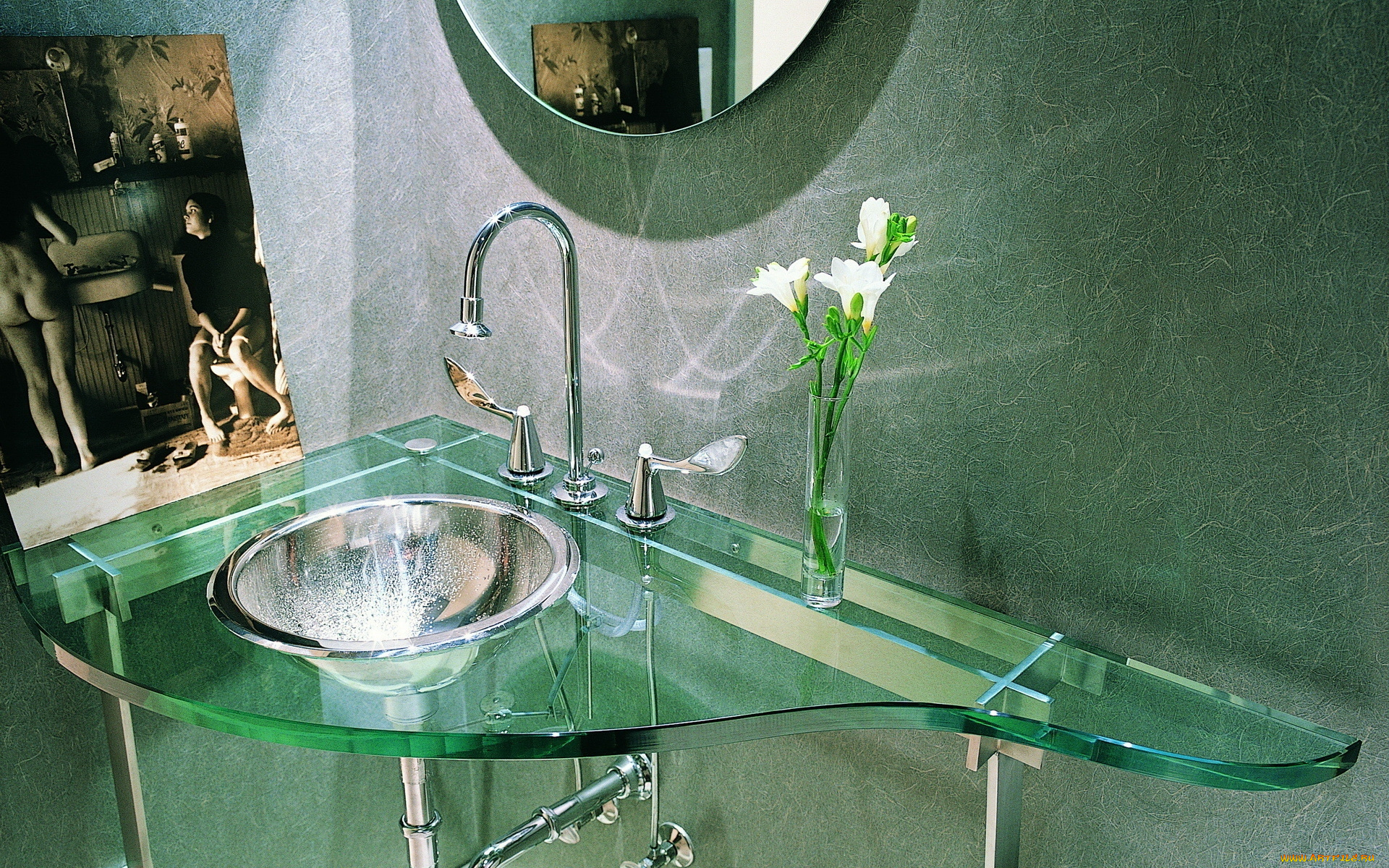 интерьер, ванная, туалетная, комнаты, краны, зеркало, цветы