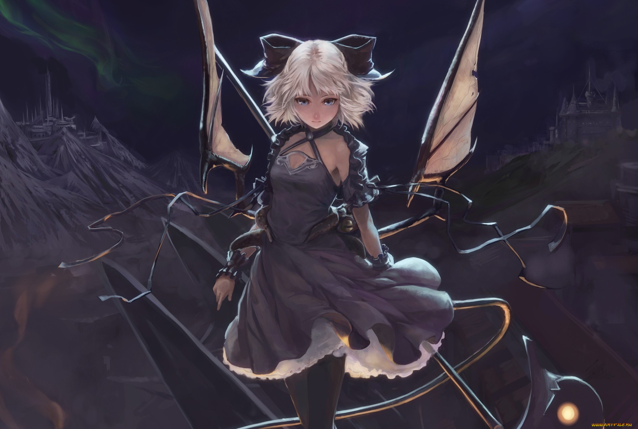 аниме, touhou, крылья, коса, бант, ночь, девушка, mizore, akihiro