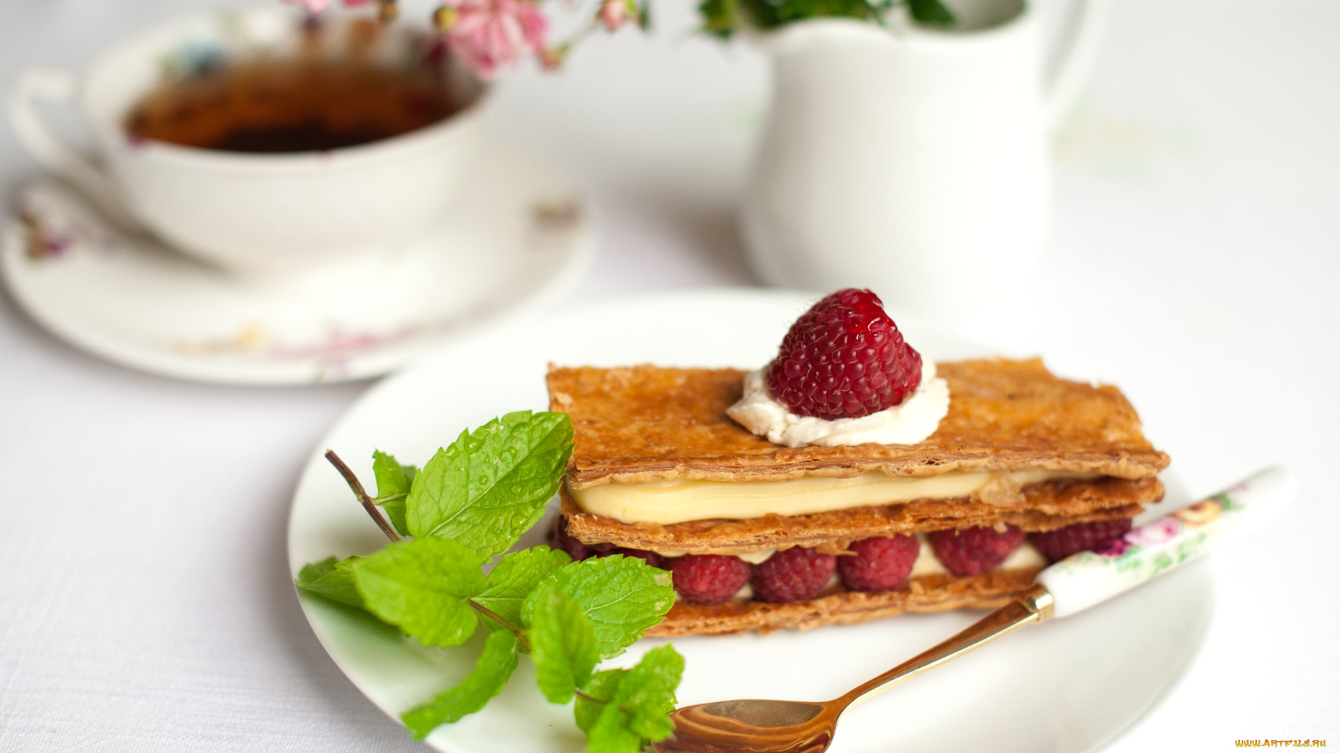 еда, пирожные, кексы, печенье, крем, мята, малина