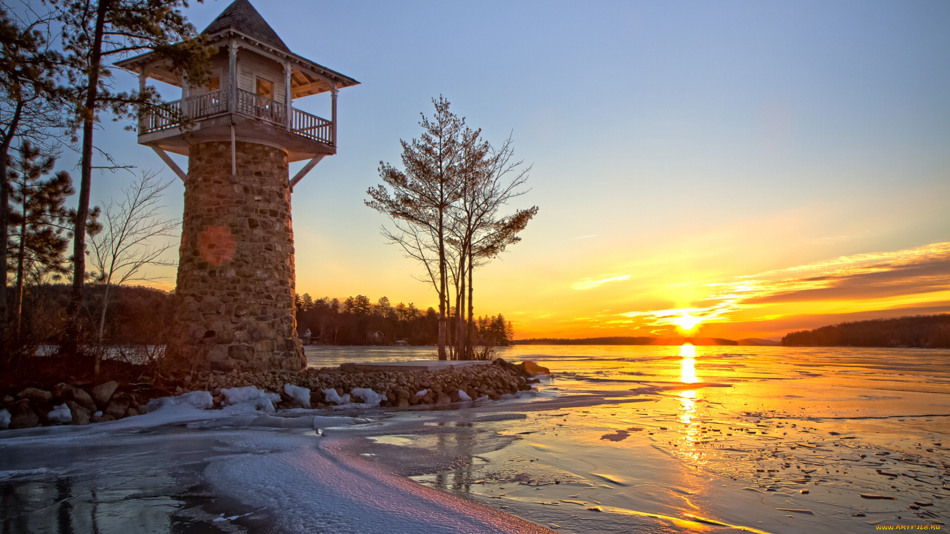 природа, маяки, озеро, закат