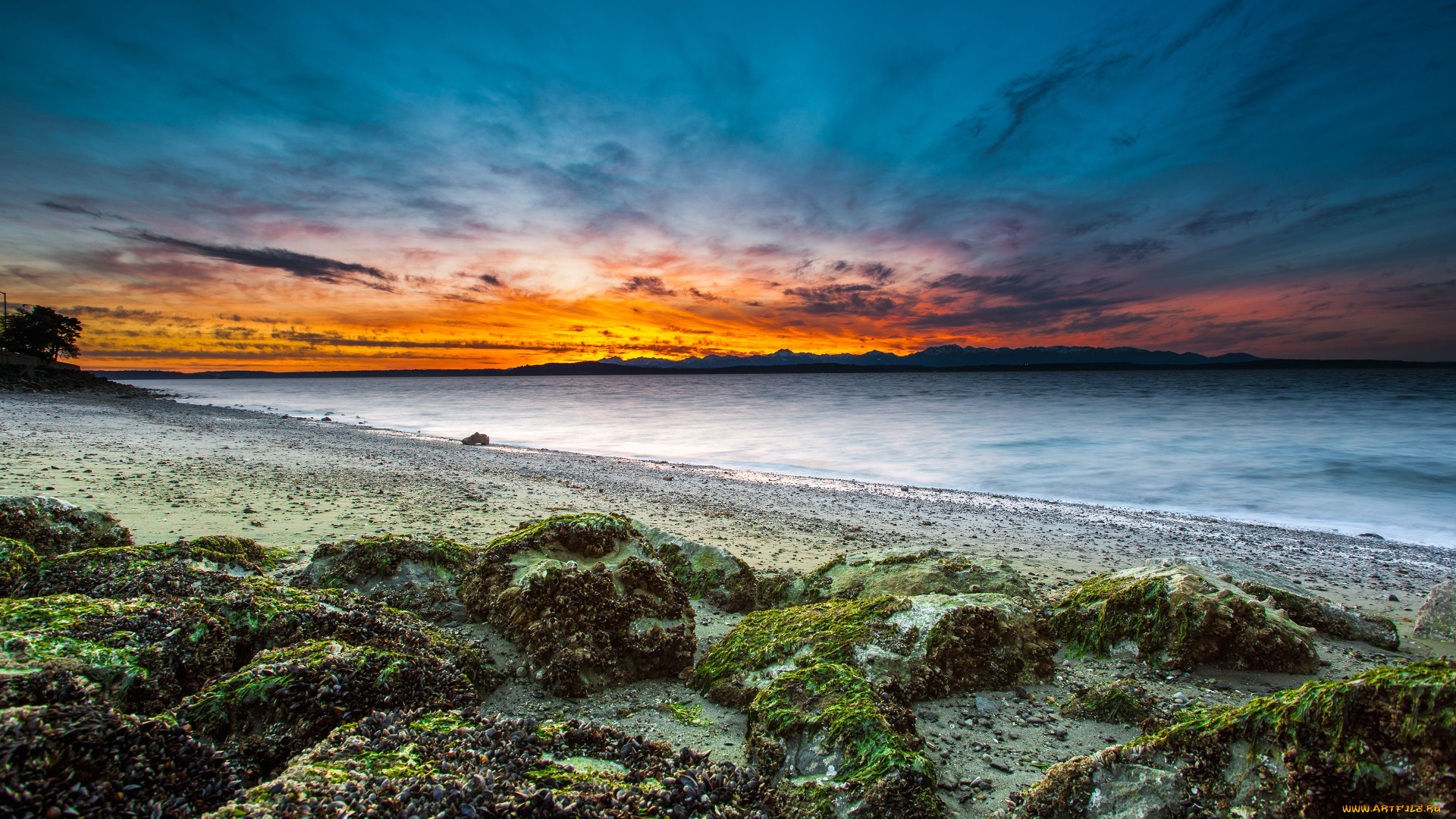 природа, побережье, камни, закат, океан