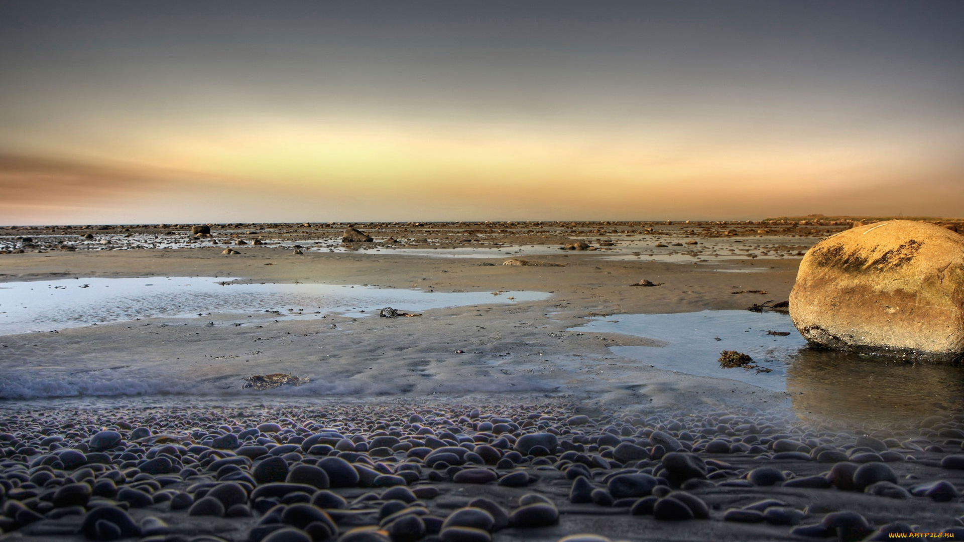природа, побережье, лужи, камни, отлив, пляж
