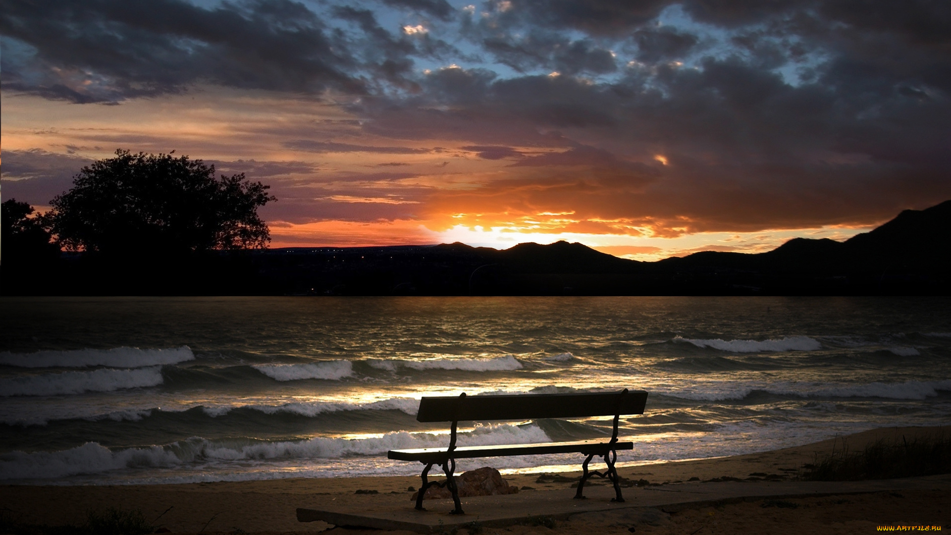 природа, восходы, закаты, озеро, тучи, зарево, скамейка, волны, пляж