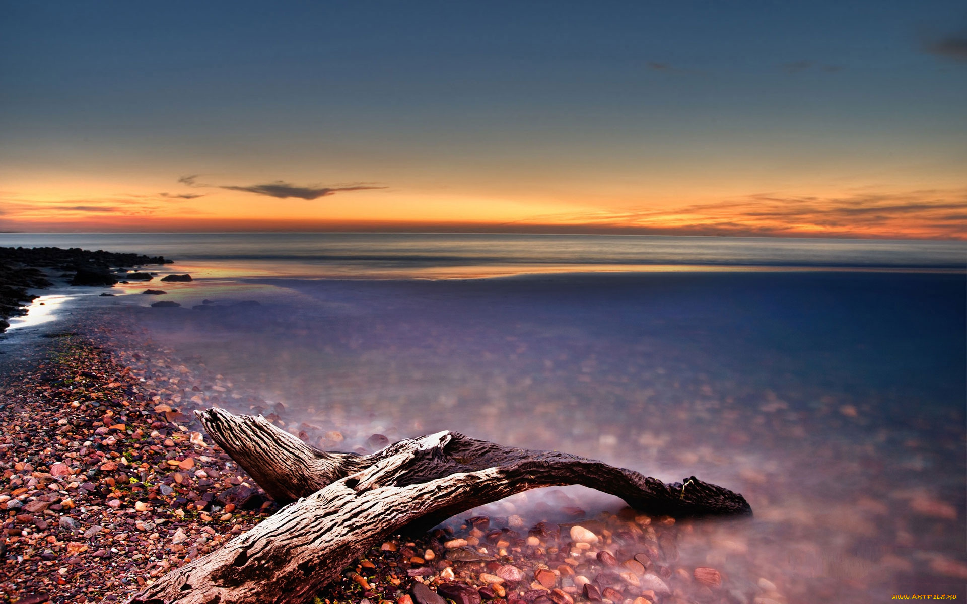 природа, побережье, коряга, тучи, океан, пляж