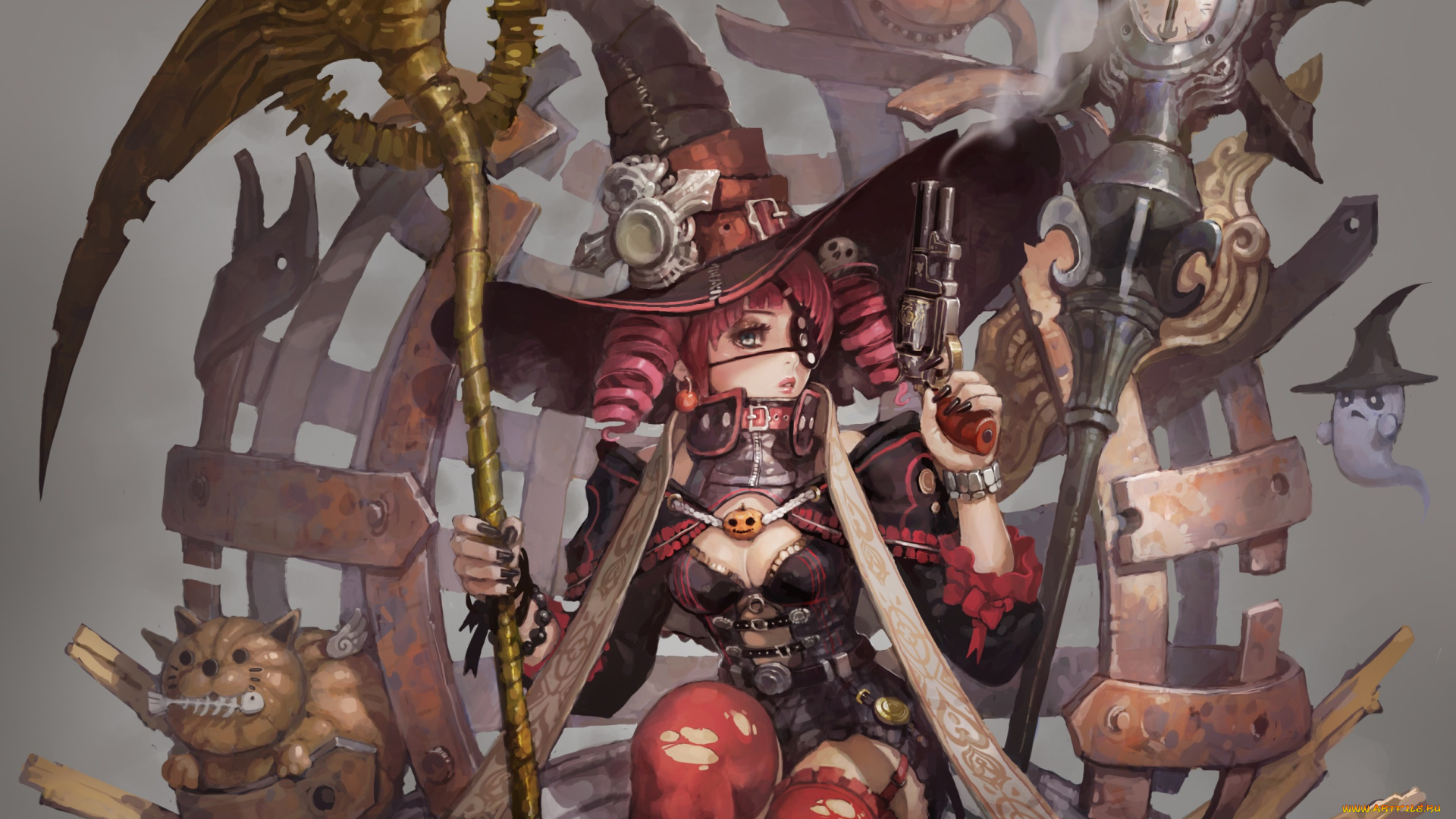 аниме, -halloween, &, magic, девушка, хеллоуин, пистолет, летучие, мыши, посох, часы, череп, кот, призрак, шляпа, сидит, тыква, трон