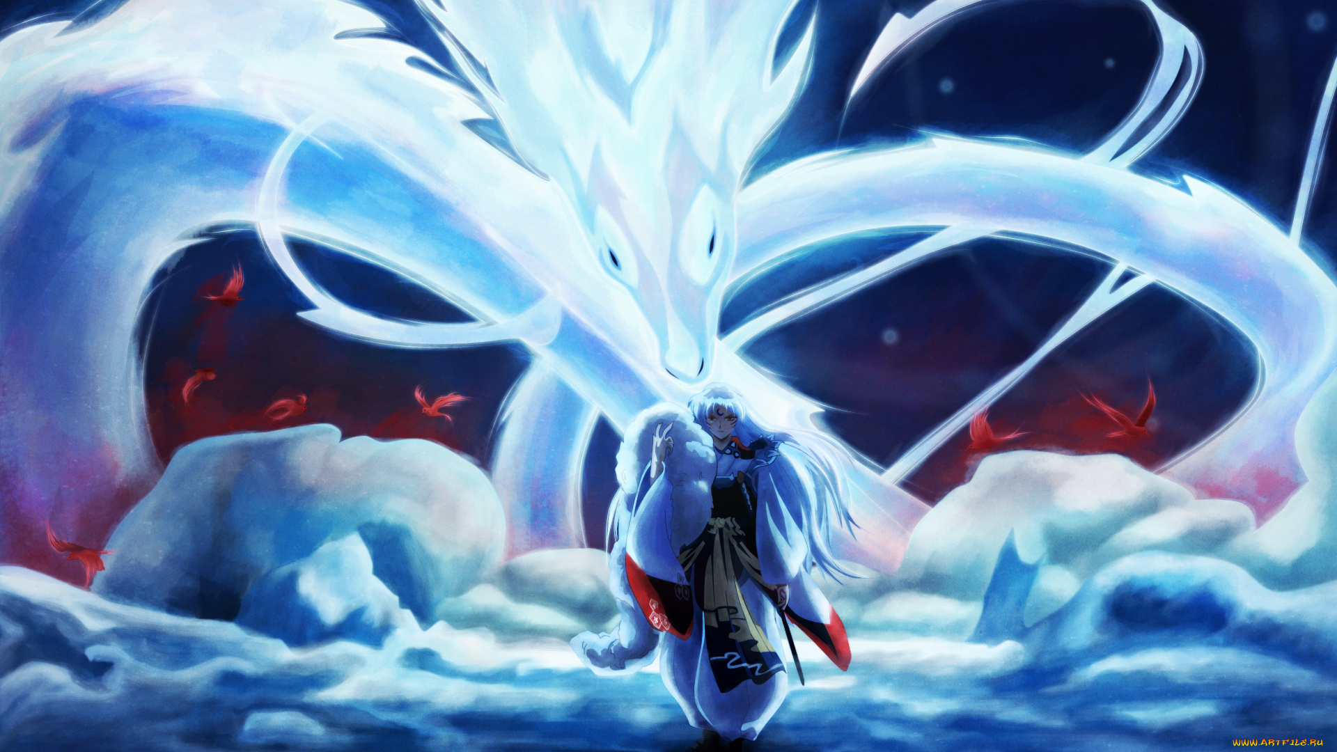 аниме, inuyasha, арт, sesshomaru, парень, дракон, птицы, мех, магия