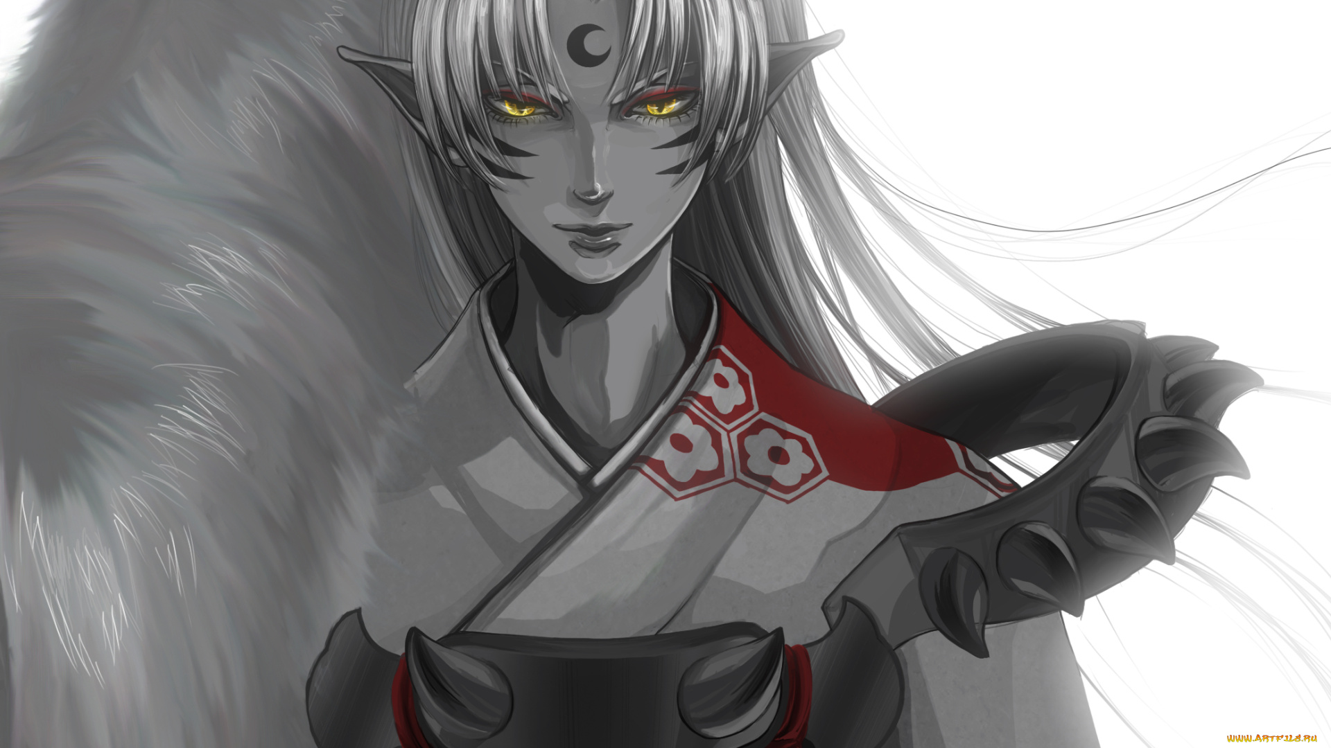 аниме, inuyasha, sesshomaru, парень, татуировка, месяц, мех, уши, шипы, рисунок