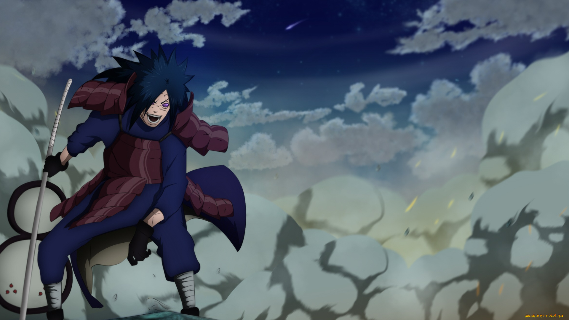 аниме, naruto, парень, брюнет, смех, облака, ночь, небо, риннеган, оружие, эдо-тенсей, мадара, учиха, воскрешение, пыль, арт, наруто, нечистивое