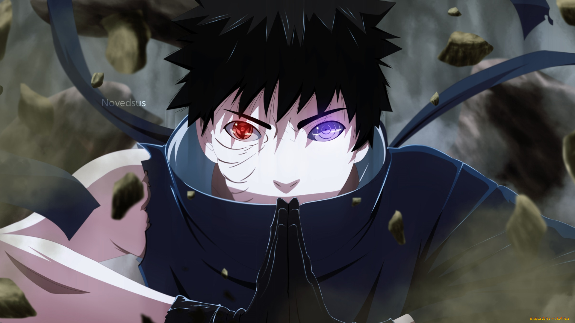 аниме, naruto, пыль, печать, взгляд, камни, обито, учиха, наруто, риннеган, шаринган